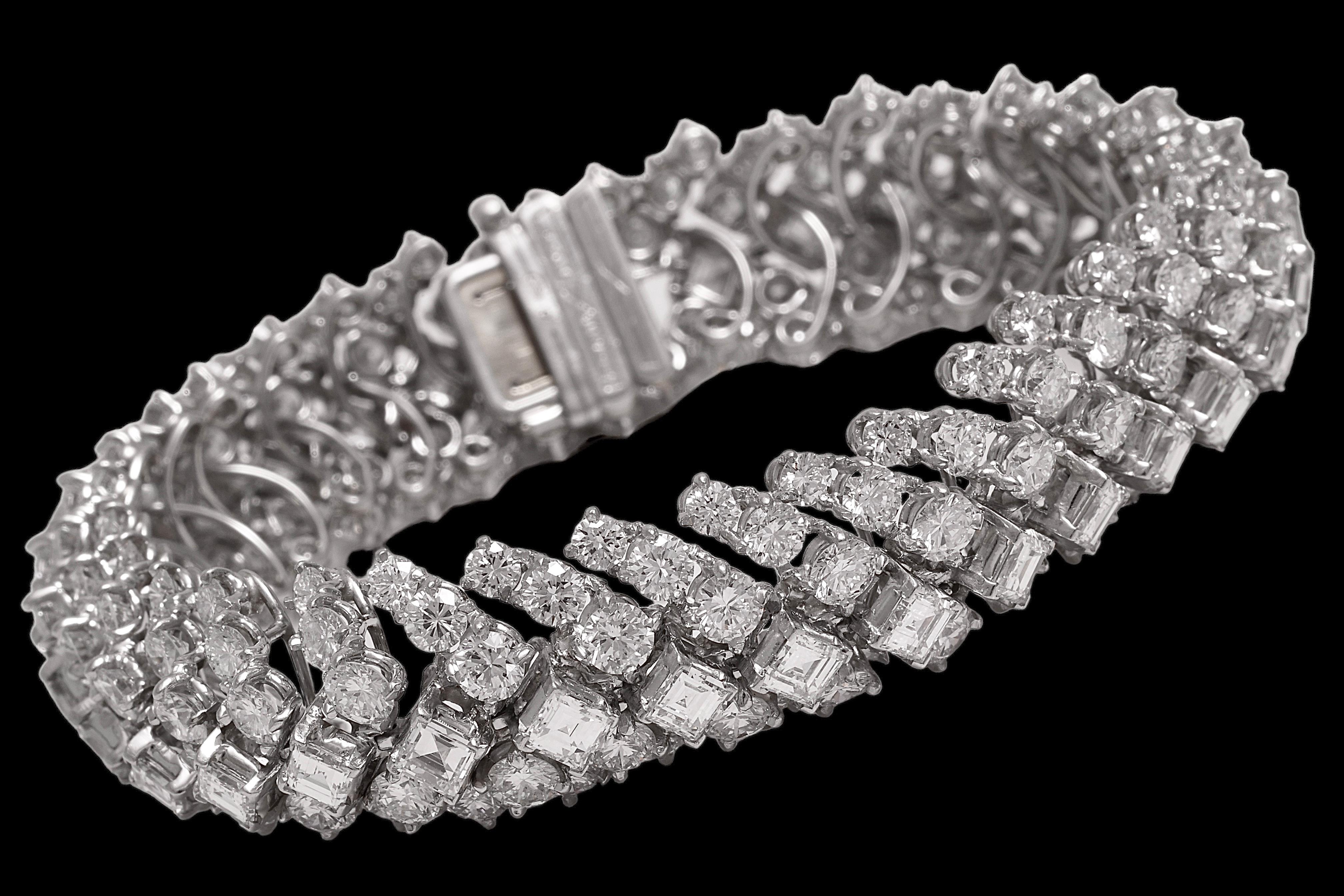 Women's or Men's Platinum Tennis Bracelet 30ct. Square & Brilliant Diamonds, Estate Sultan Oman   For Sale