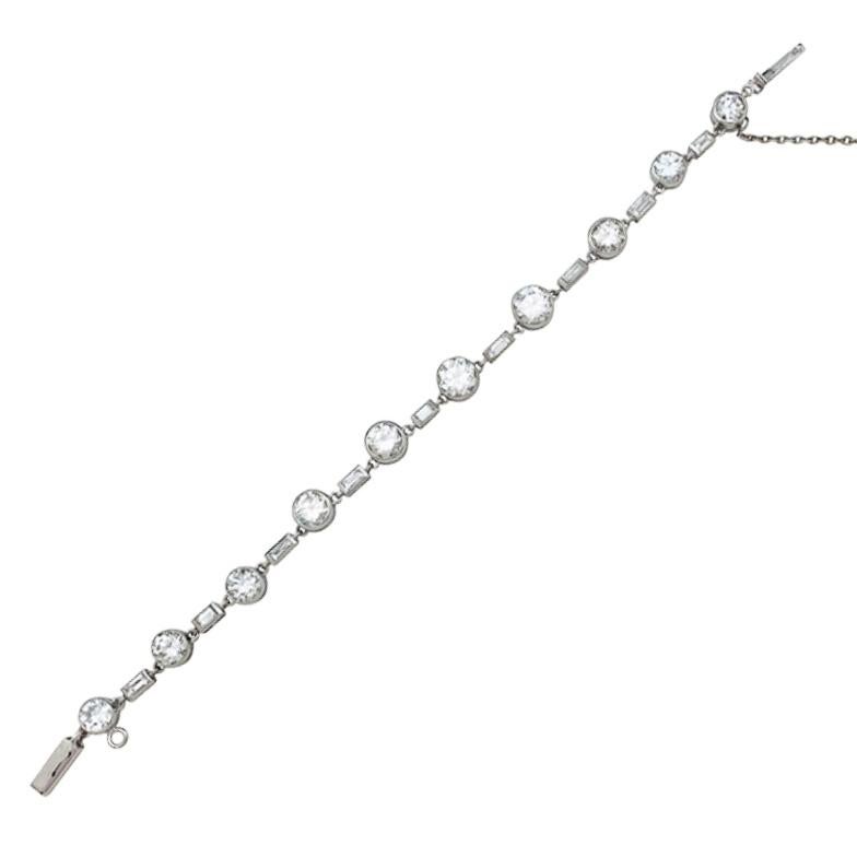 Women's or Men's Platinum Tennis Bracelet Set with European Cut and Baguette Cut Diamonds