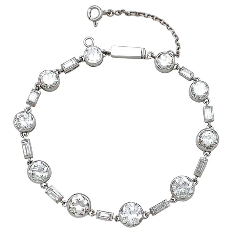 Platinum Tennis Bracelet Set with European Cut and Baguette Cut Diamonds