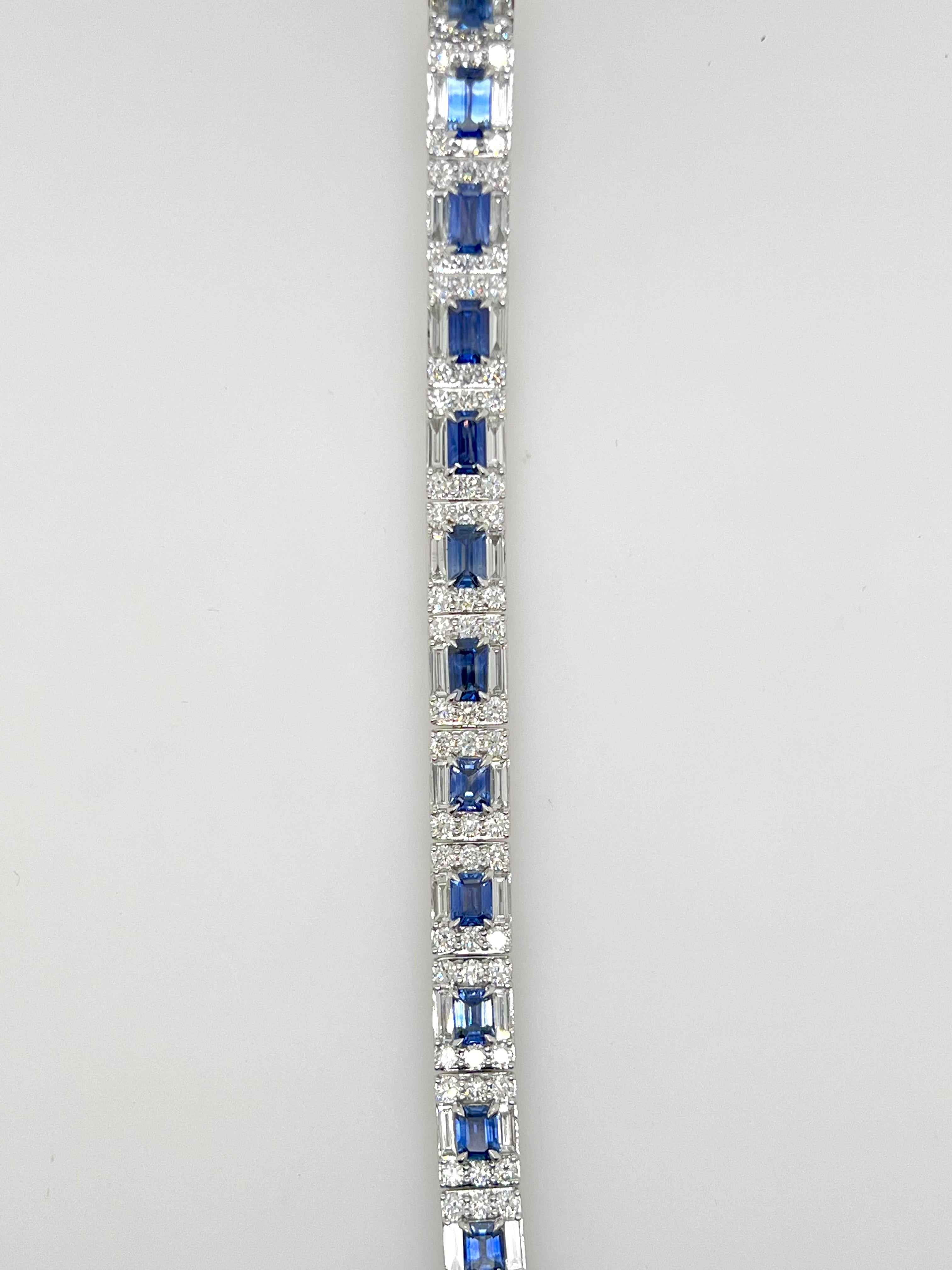 Absolutely gorgeous!  This handmade platinum bracelet is made up of emerald cut, blue sapphires and round brilliant and baguette diamonds.  A more sophisticated design, the versatile bracelet is perfect for smart causal or important events.  The