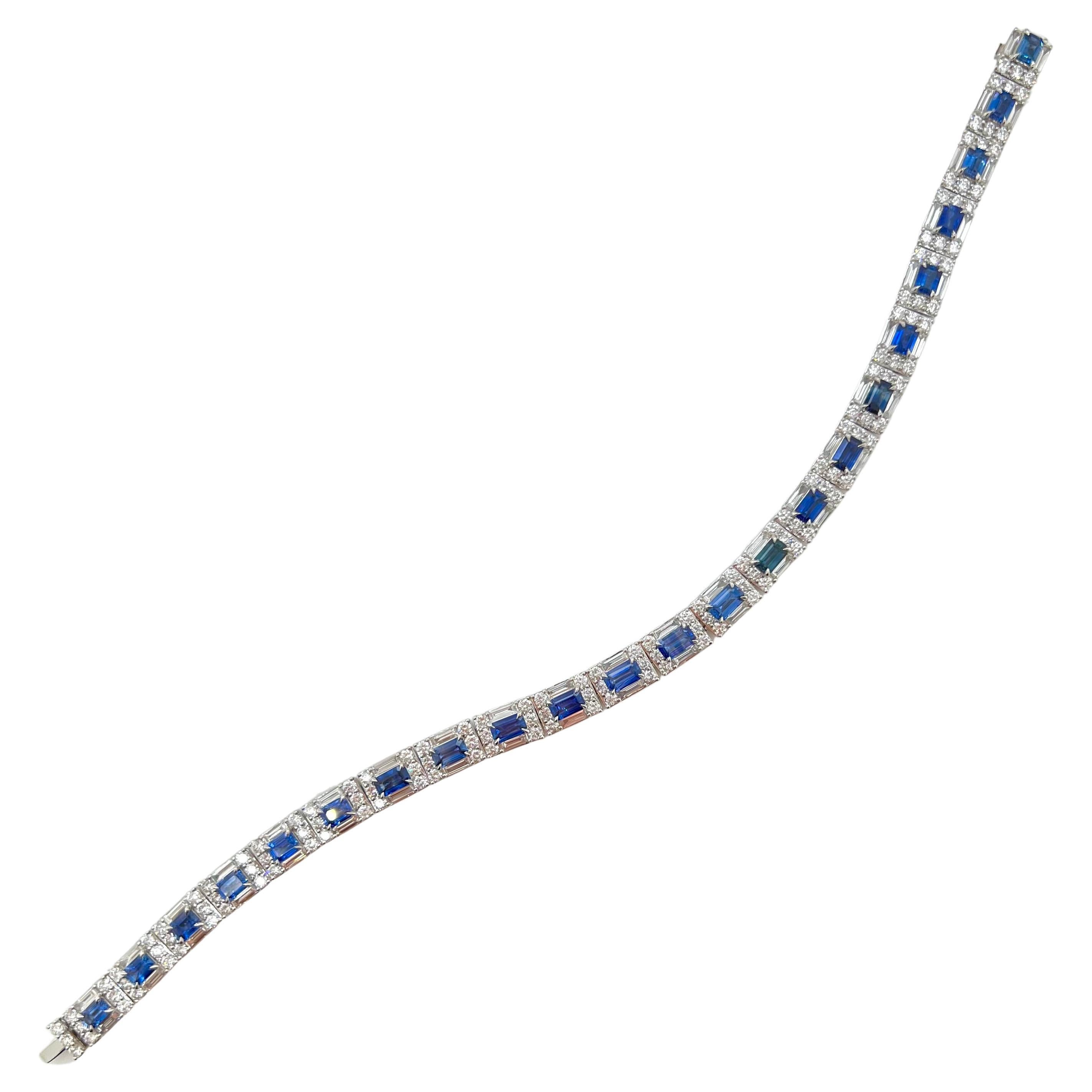 Platinum Tennis Bracelet with Emerald Cut Sapphires & Diamond