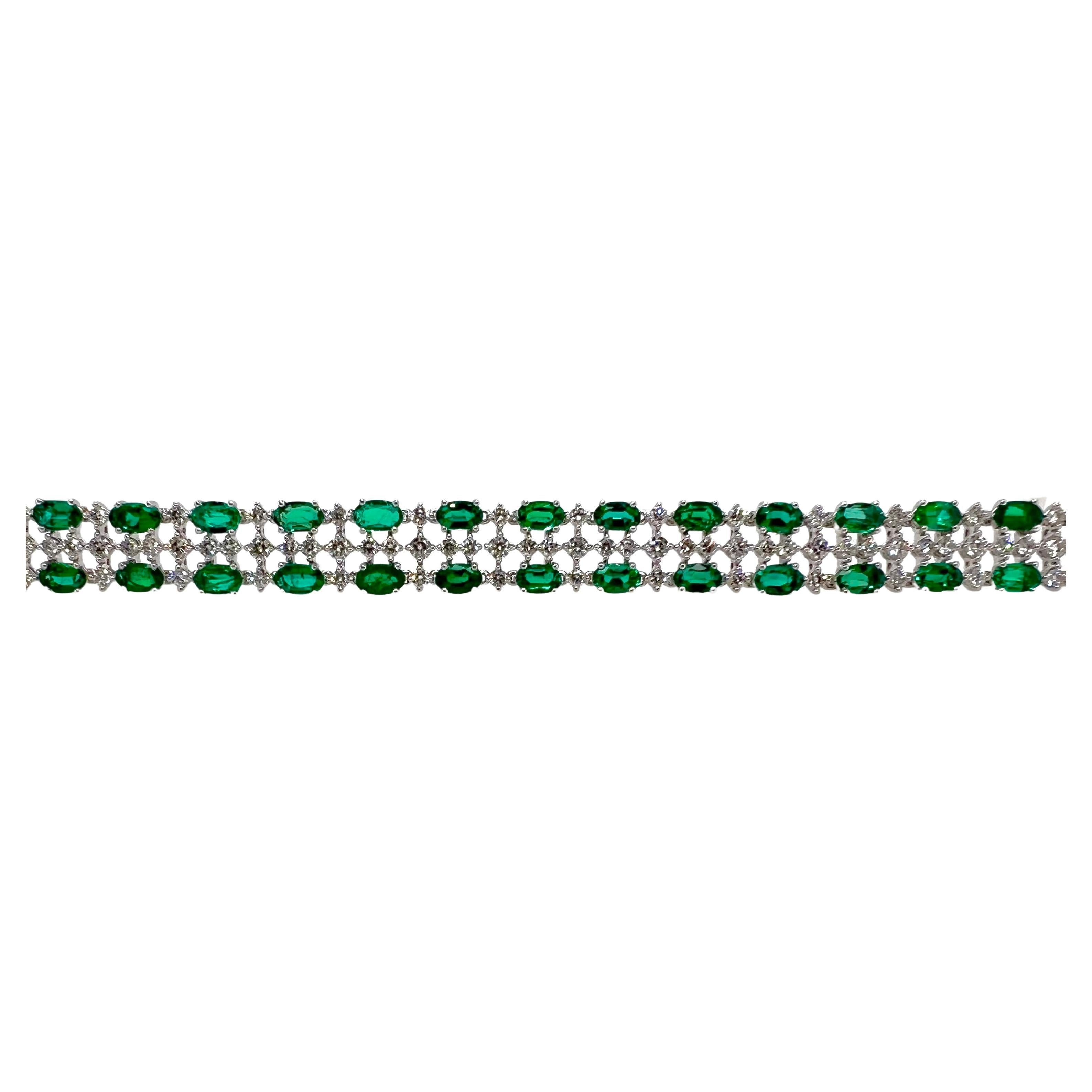 Platinum Tennis Bracelet with Oval Cut Emeralds and Diamonds For Sale