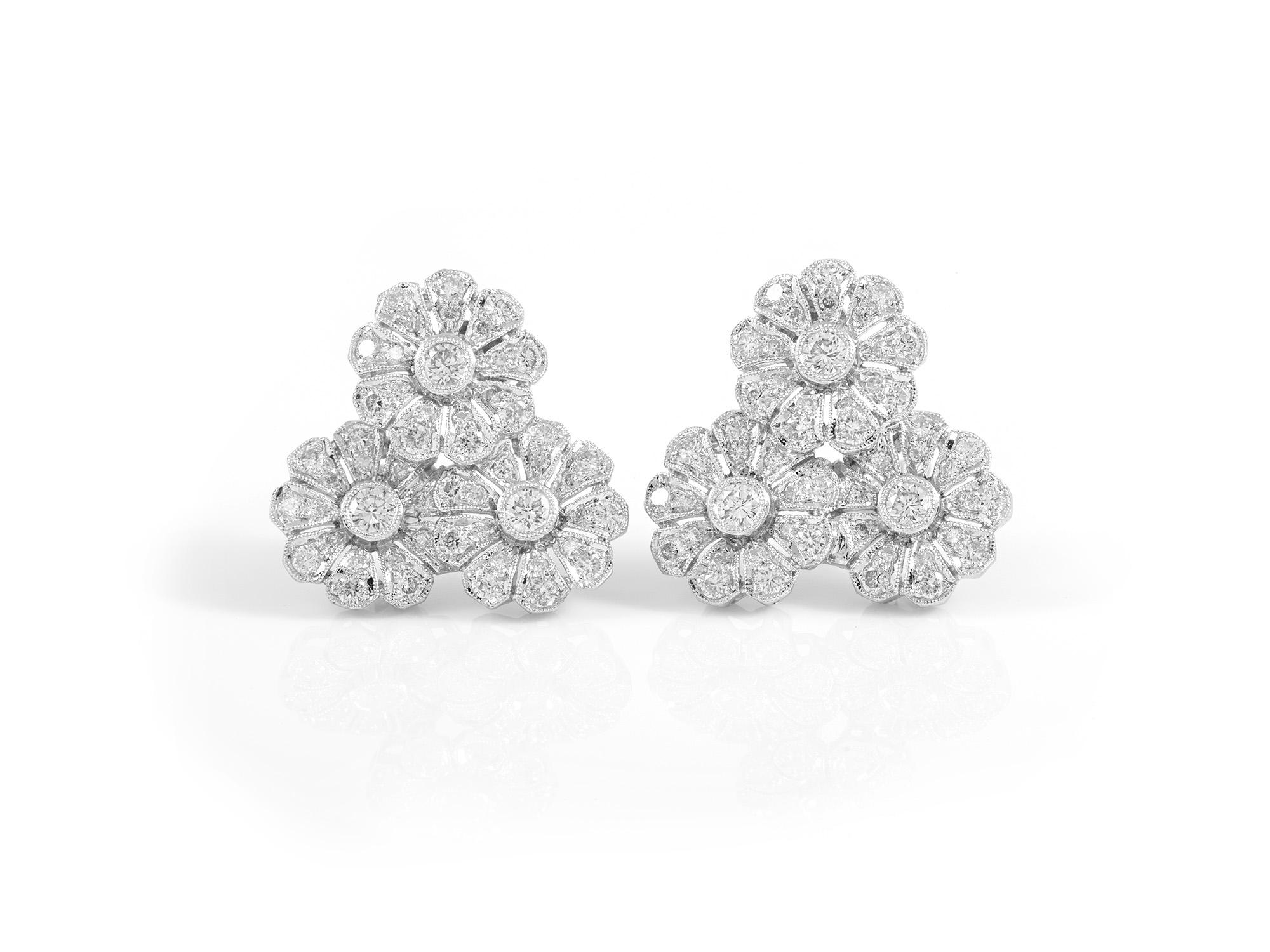 Women's or Men's Platinum Three Diamonds Flowers Together Earrings