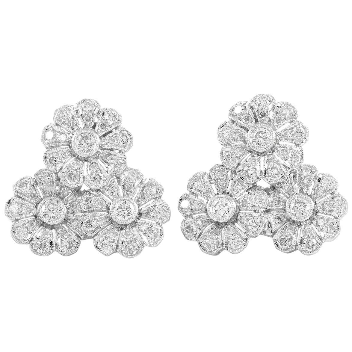 Platinum Three Diamonds Flowers Together Earrings For Sale