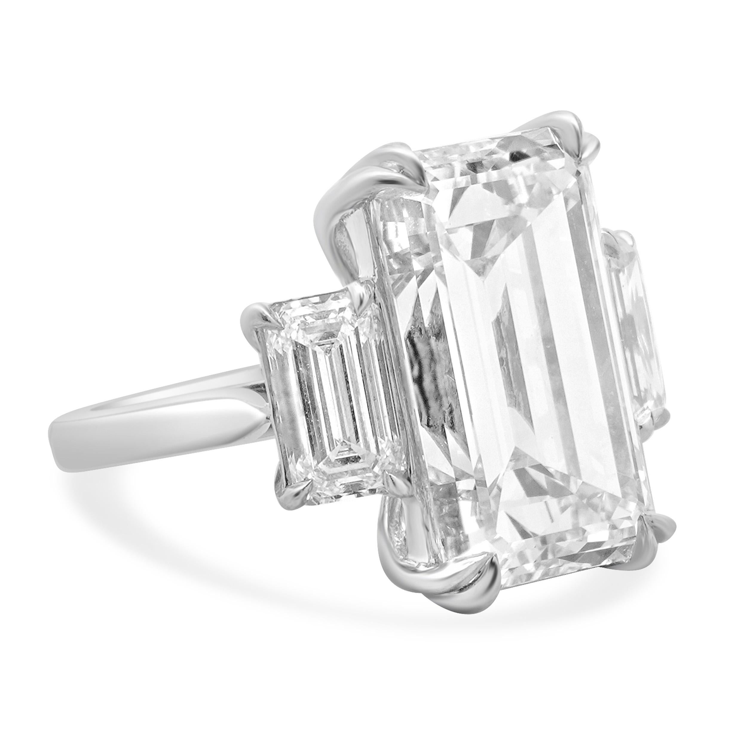 Women's Platinum Three Emerald Cut Diamond Engagement Ring For Sale