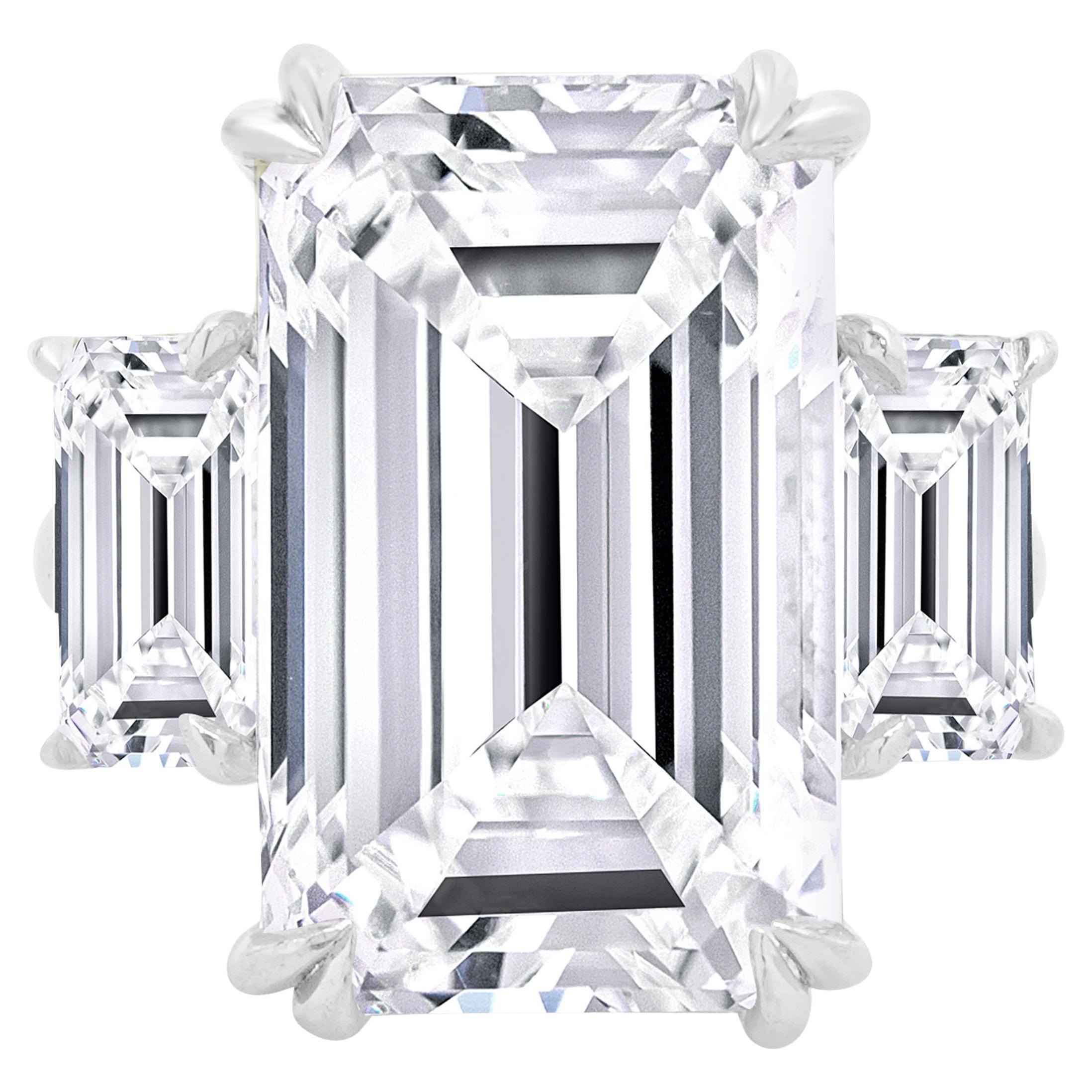 Platinum Three Emerald Cut Diamond Engagement Ring For Sale