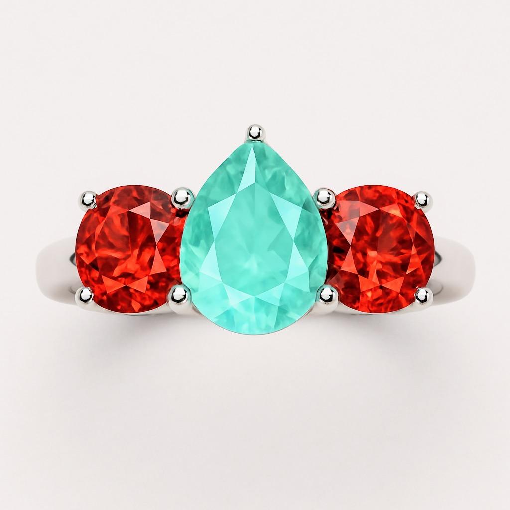 Moderne Bague trois pierres en platine, émeraude aqua et grenat spessartite - 2.18 ct Pear-Cut C en vente