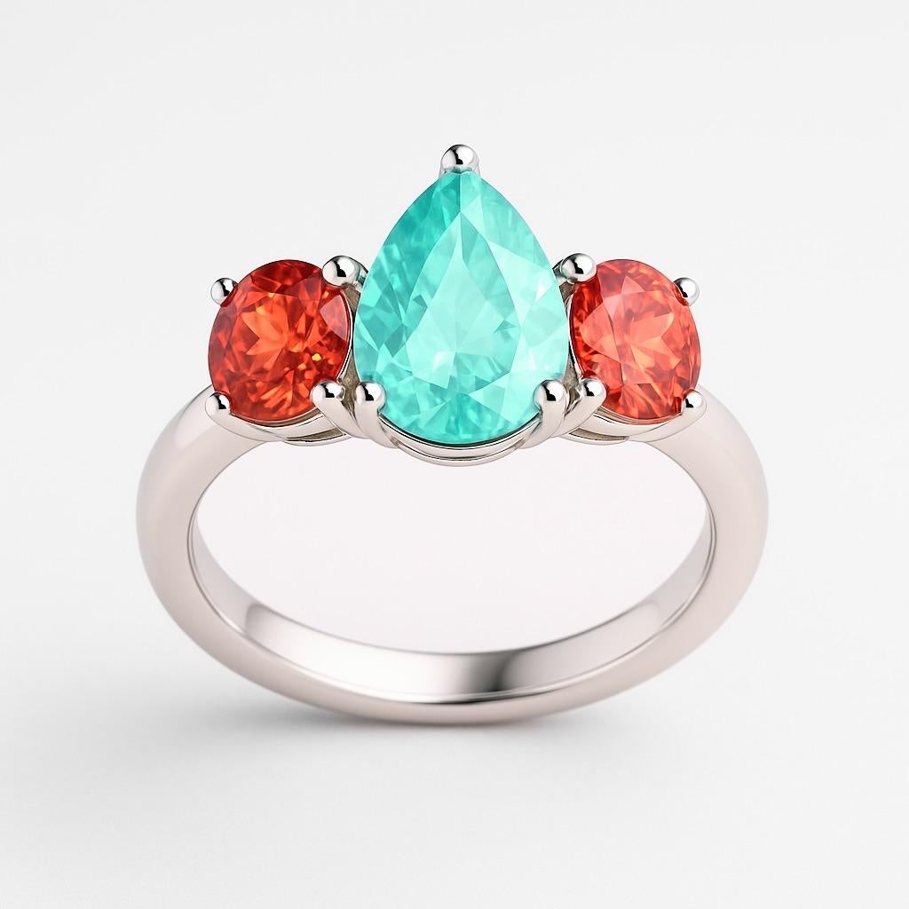 Taille poire Bague trois pierres en platine, émeraude aqua et grenat spessartite - 2.18 ct Pear-Cut C en vente