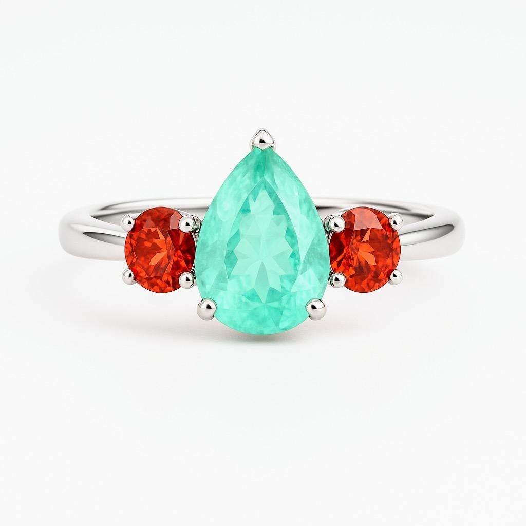 Bague trois pierres en platine, émeraude aqua et grenat spessartite - 2.18 ct Pear-Cut C Neuf - En vente à Lanham, MD