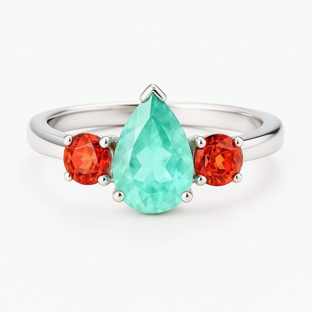 Bague trois pierres en platine, émeraude aqua et grenat spessartite - 2.18 ct Pear-Cut C Unisexe en vente