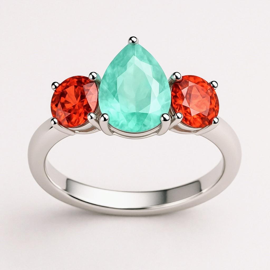 Bague trois pierres en platine, émeraude aqua et grenat spessartite - 2.18 ct Pear-Cut C en vente 2