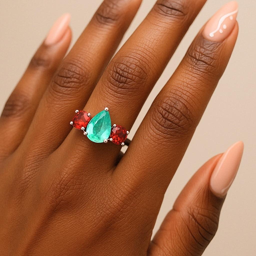 Bague trois pierres en platine, émeraude aqua et grenat spessartite - 2.18 ct Pear-Cut C en vente 3