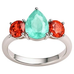 Platinum Three-Stone Aqua Emerald & Spessartite Garnet Ring — 2.18 ct Pear-Cut C