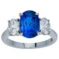 3 carat sapphire ring Platinum Three-Stone Diamond and 3.94 Carat Ceylon Sapphire Ring