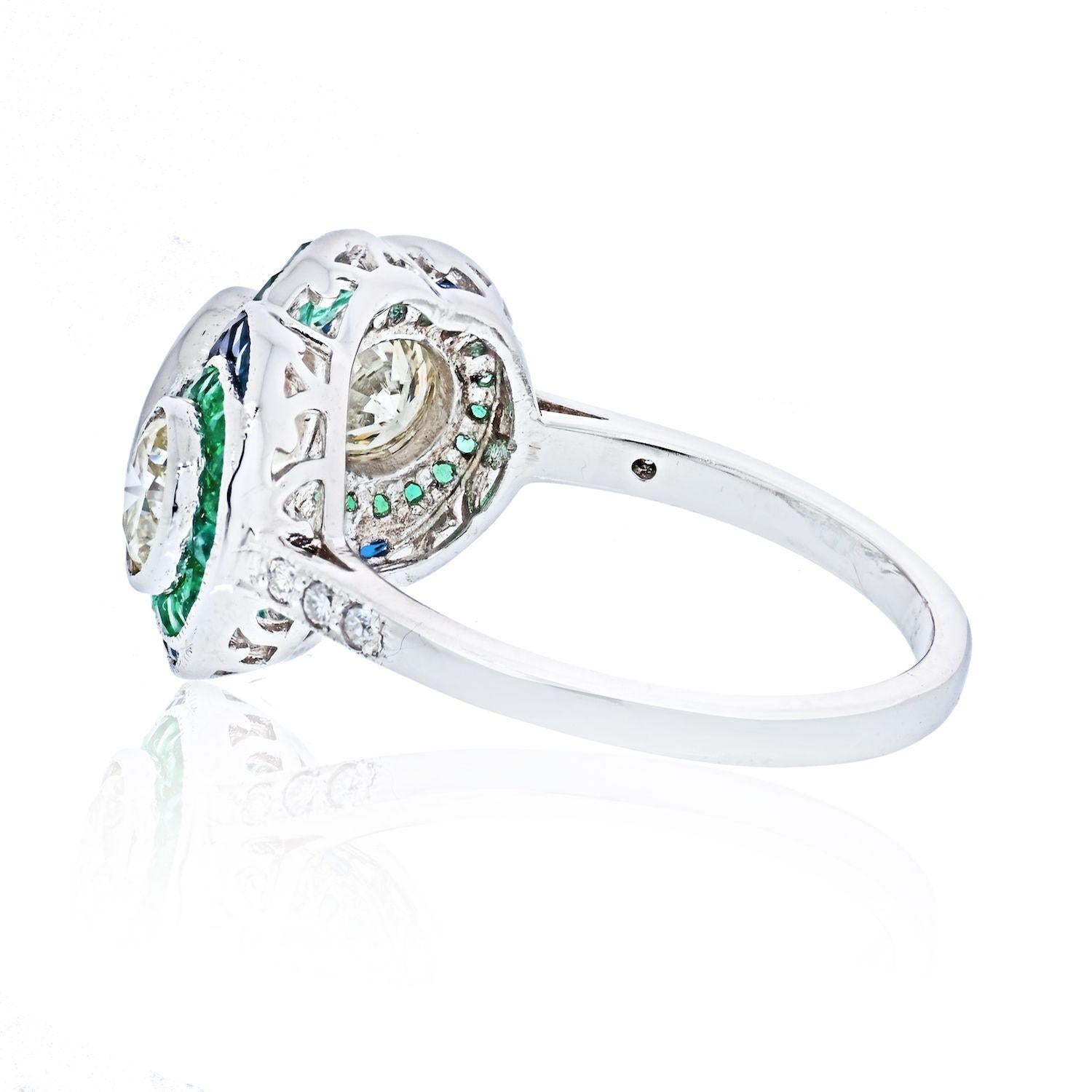 Modern Platinum Three Stone Diamond, Emerald and Sapphire Three Stone Ring