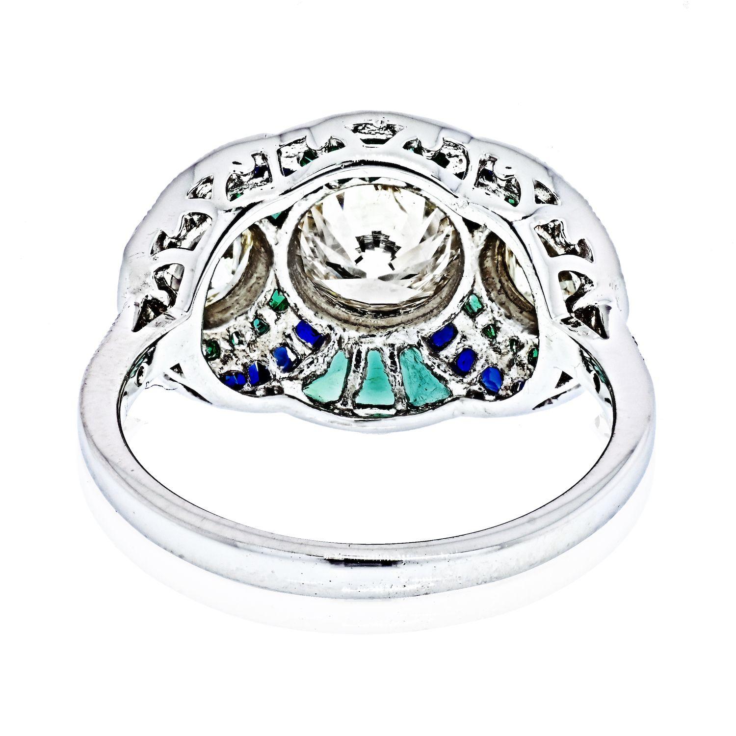 Emerald Cut Platinum Three Stone Diamond, Emerald and Sapphire Three Stone Ring