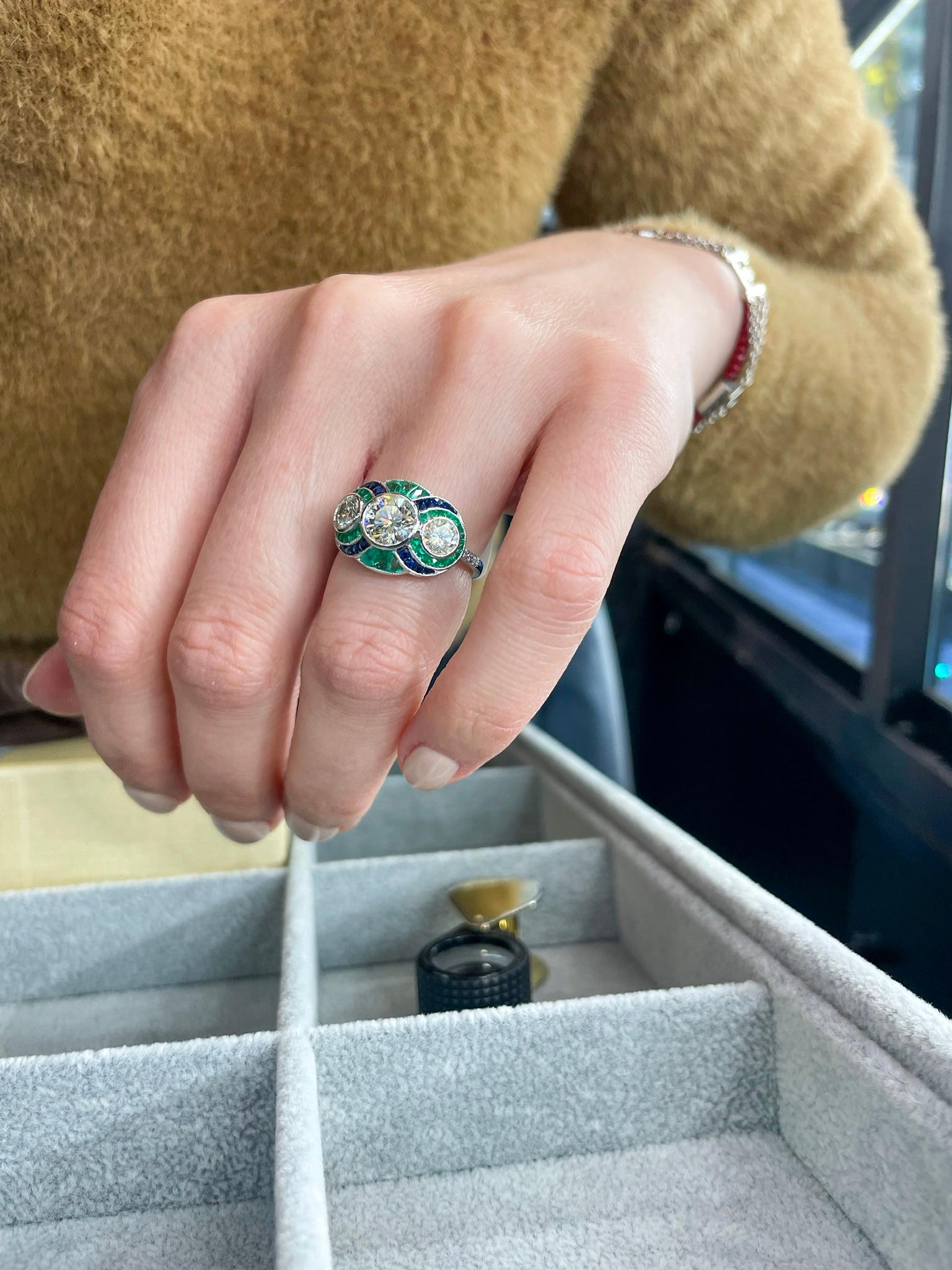 Platinum Three Stone Diamond, Emerald and Sapphire Three Stone Ring 1