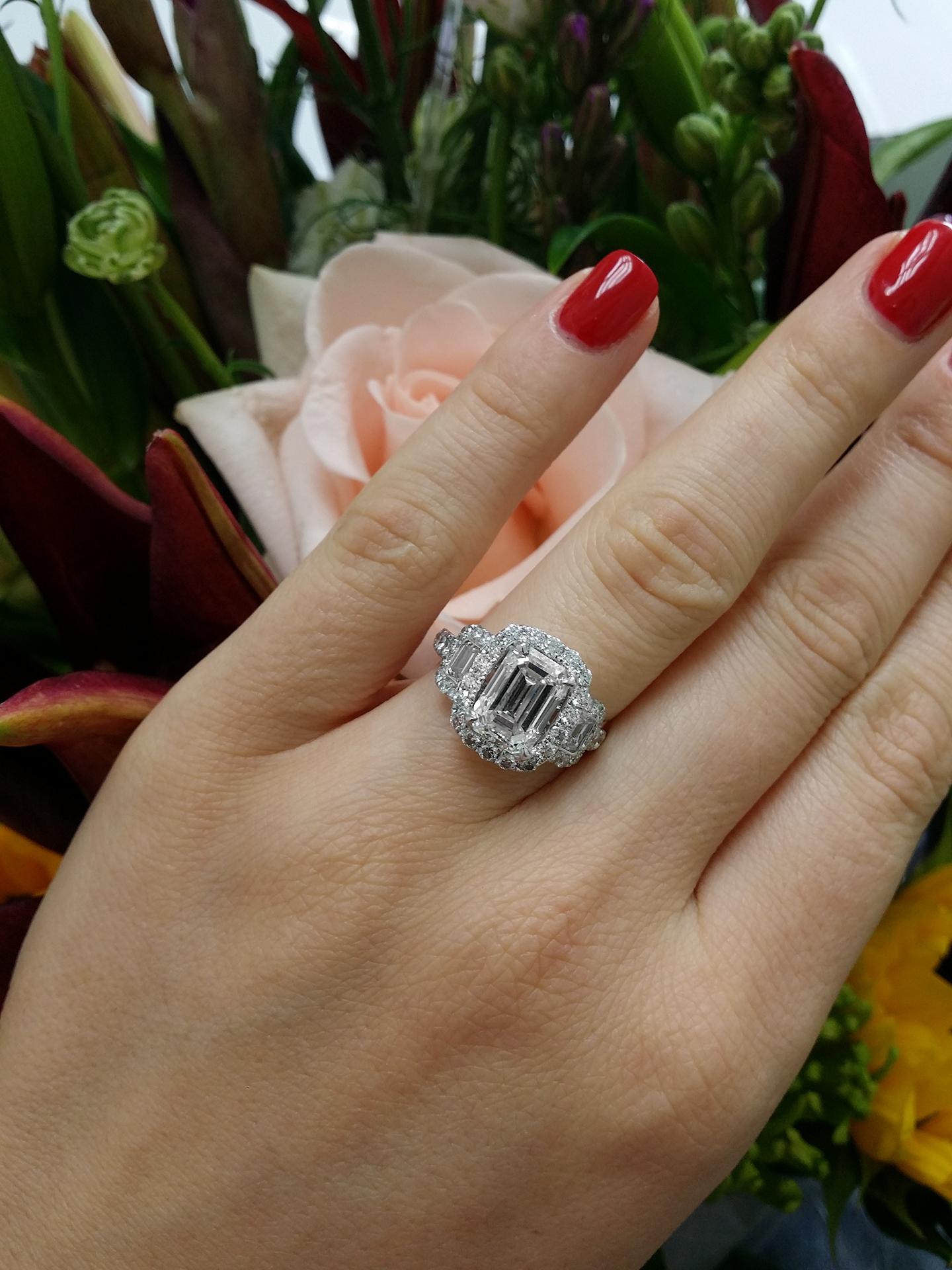 Women's or Men's Platinum GIA Three-Stone Diamond Emerald Cut Engagement Ring
