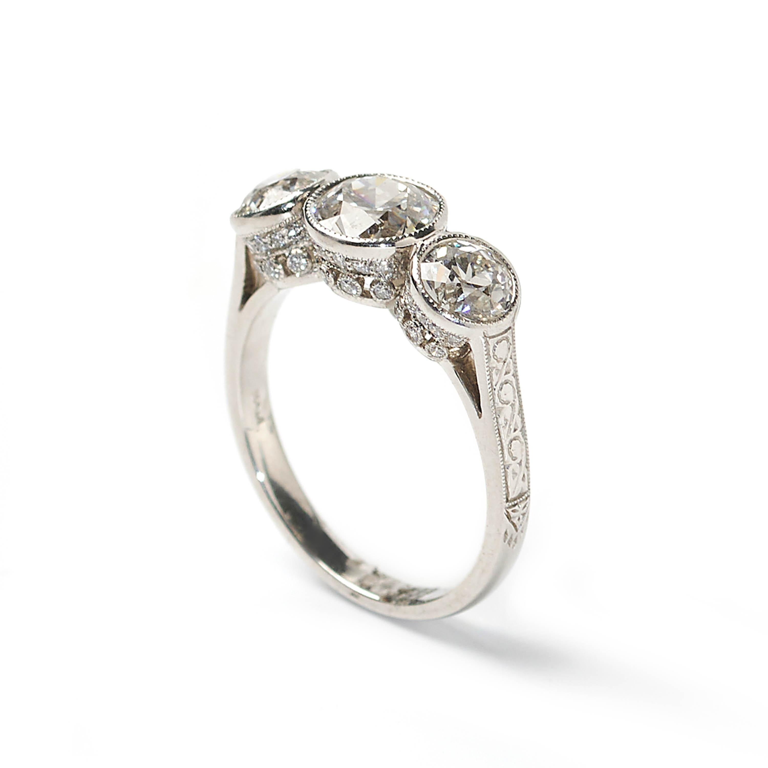 Round Cut Platinum Three Stone Diamond Ring, 2.48 Carat For Sale