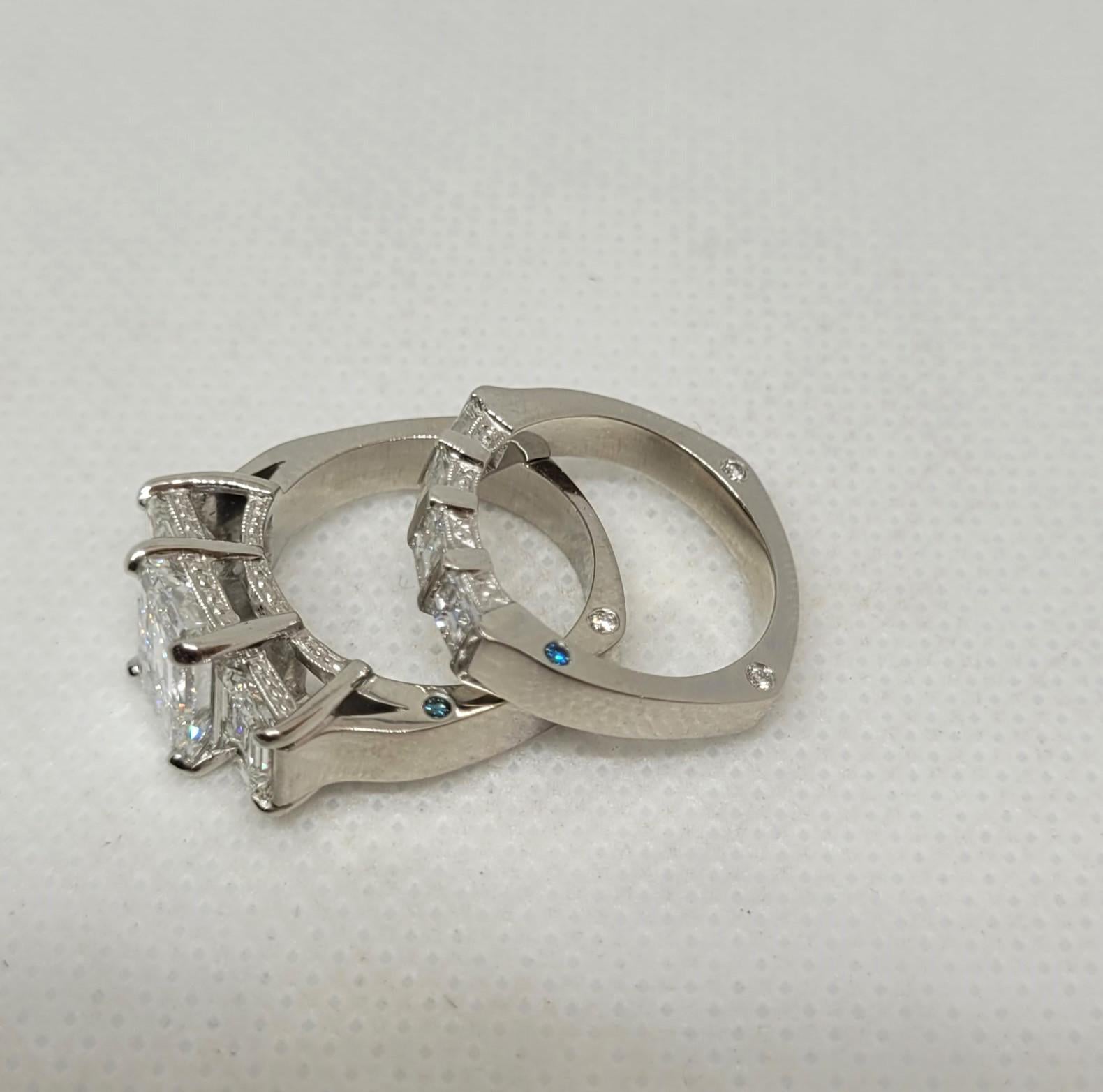 Modern Platinum Three-Stone Emerald Cut Wedding Set, GIA 2.01Ct D/VS2, RGC Designer For Sale