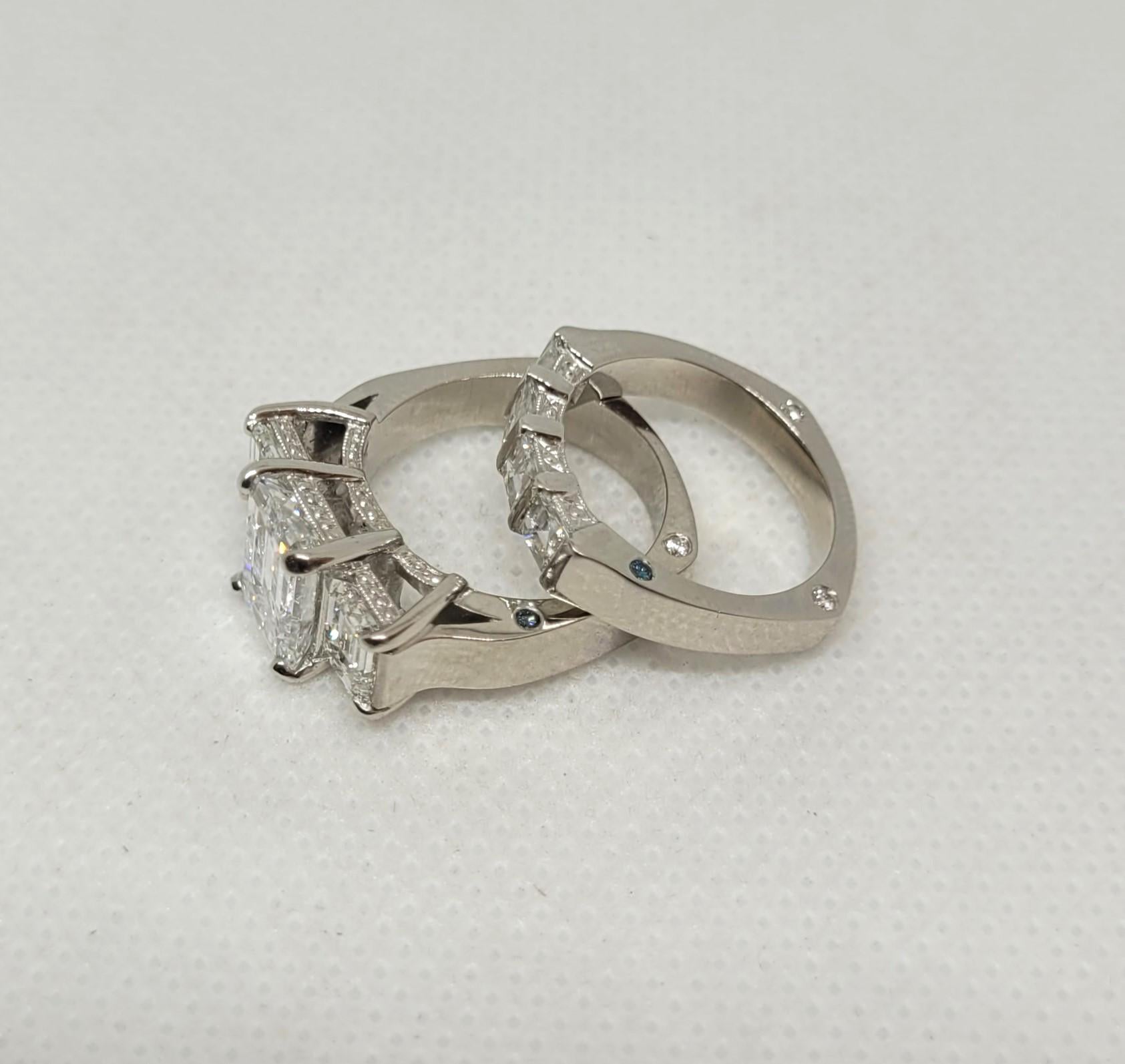 Platinum Three-Stone Emerald Cut Wedding Set, GIA 2.01Ct D/VS2, RGC Designer For Sale 1