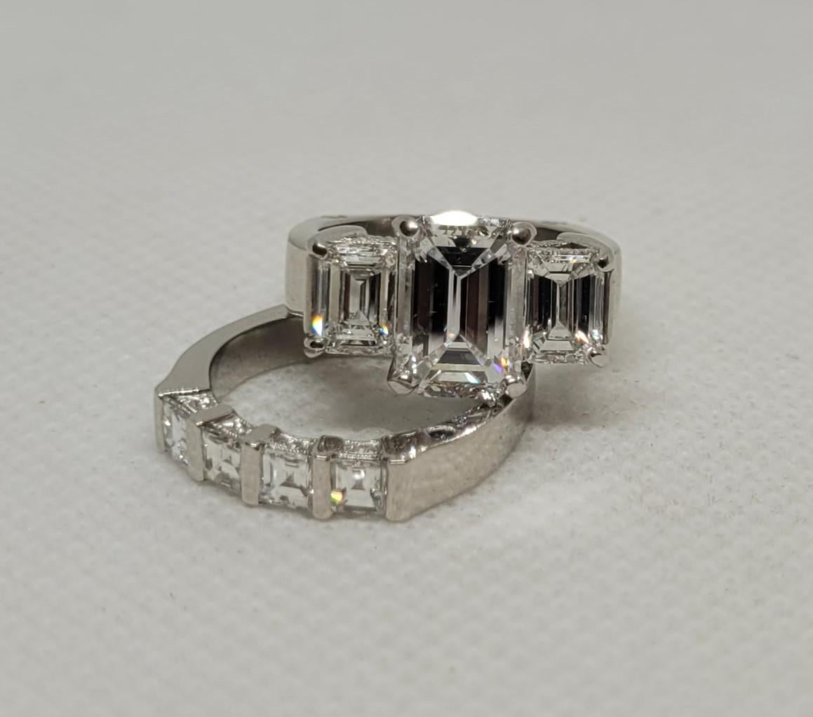 Platinum Three-Stone Emerald Cut Wedding Set, GIA 2.01Ct D/VS2, RGC Designer For Sale 2