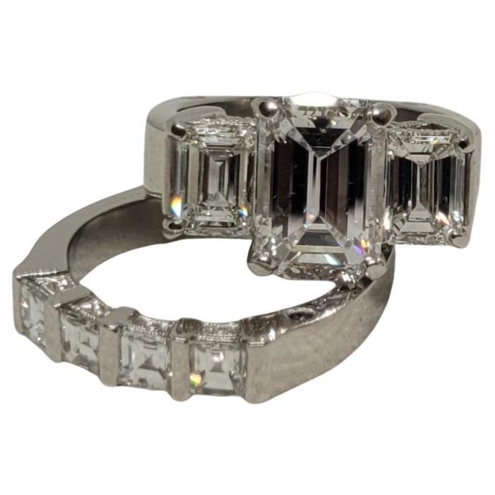 Platinum Three-Stone Emerald Cut Wedding Set, GIA 2.01Ct D/VS2, RGC Designer For Sale