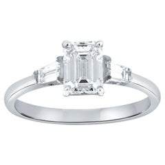 Platinum Three Stone Emerald Shape & Tapered Baguette Diamond Ring GIA 1.0 Carat
