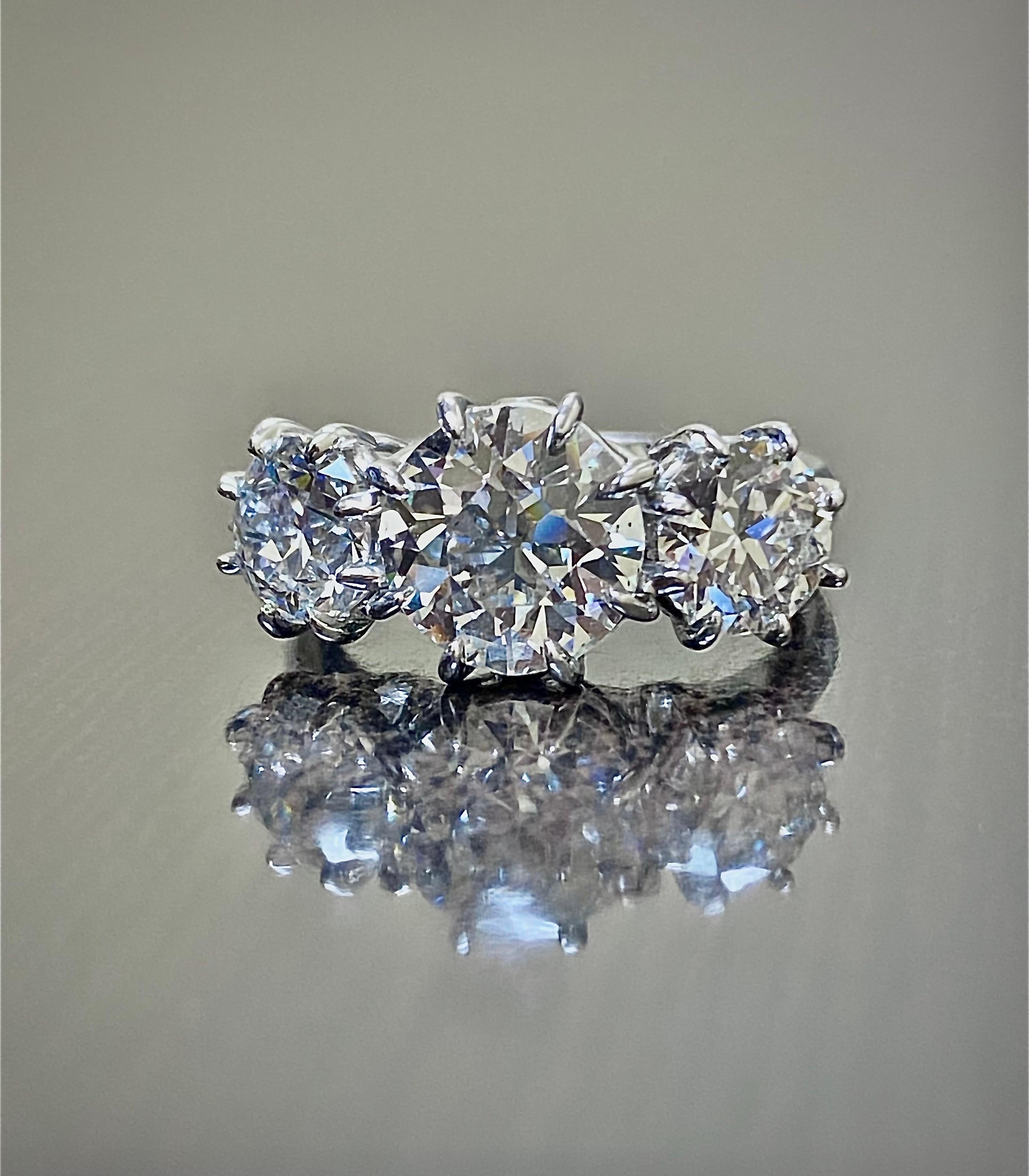 Old European Cut Platinum Three Stone GIA 4.28 Carat Old European Diamond Engagement Ring For Sale