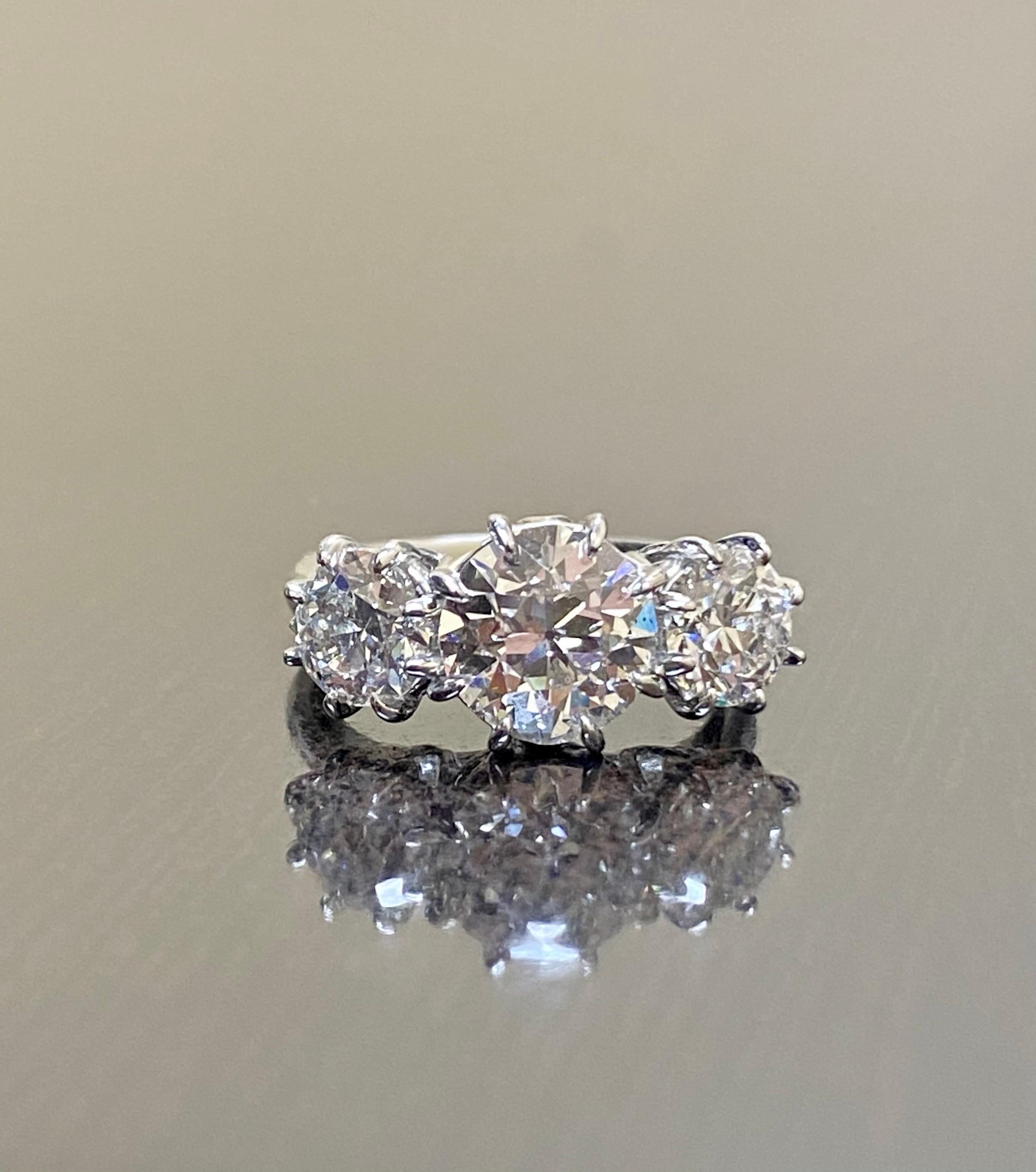 Platinum Three Stone GIA 4.28 Carat Old European Diamond Engagement Ring In New Condition For Sale In Los Angeles, CA