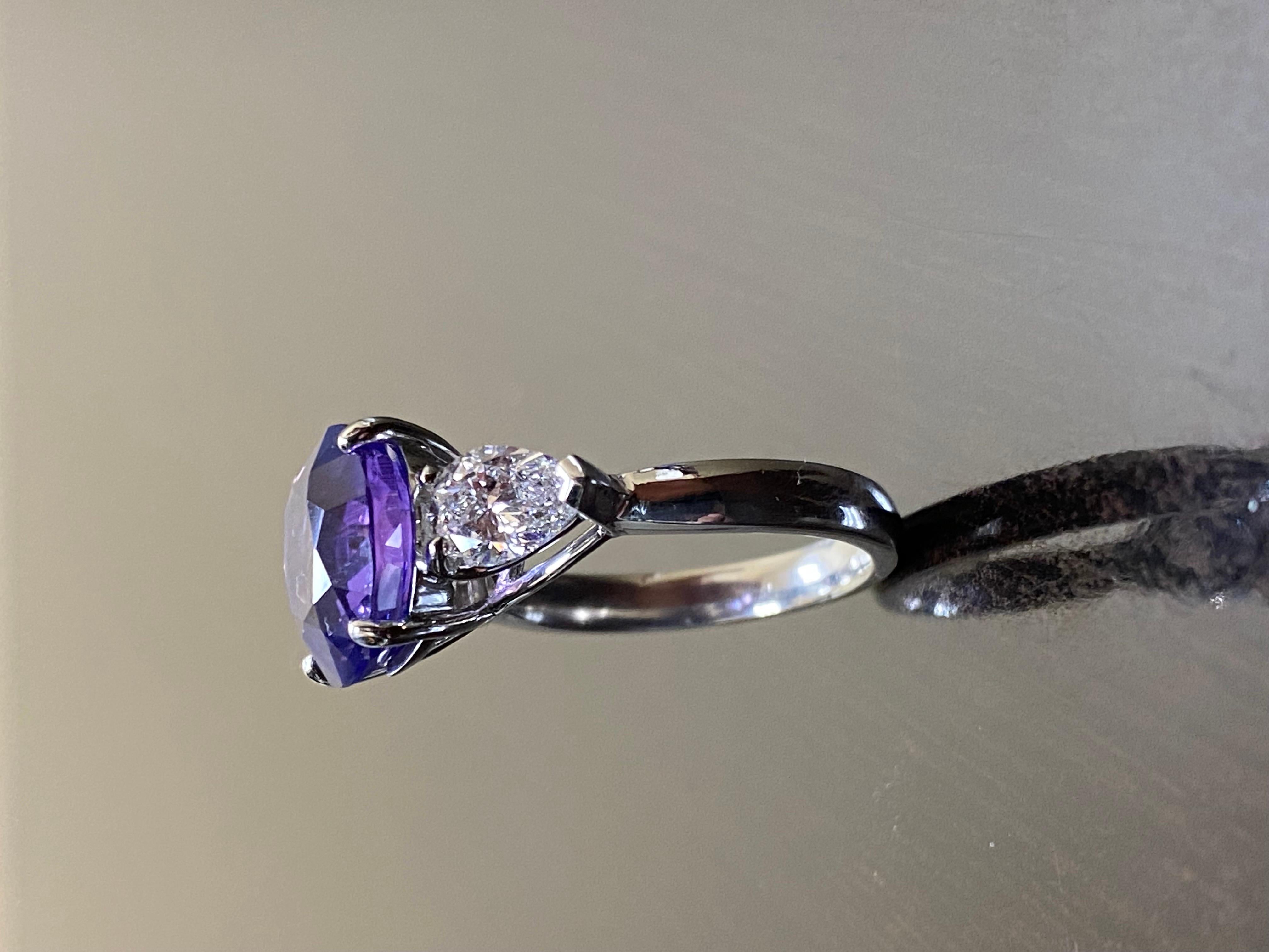 Modern Platinum Three Stone GIA Certified 6.15 Carat No Heat Violet Sapphire Ring For Sale
