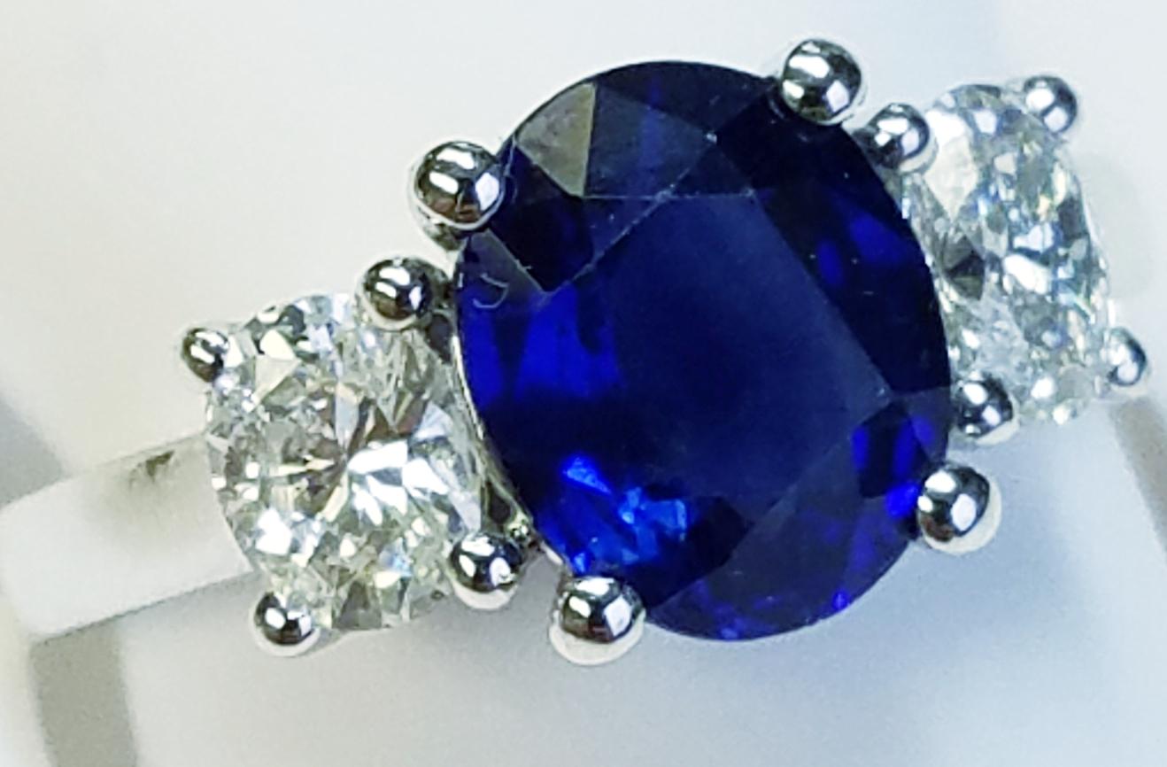  Three-Stone Oval Cut Blue Sapphire and Diamond Ring 17256/ 17923 In New Condition In Great Neck, NY