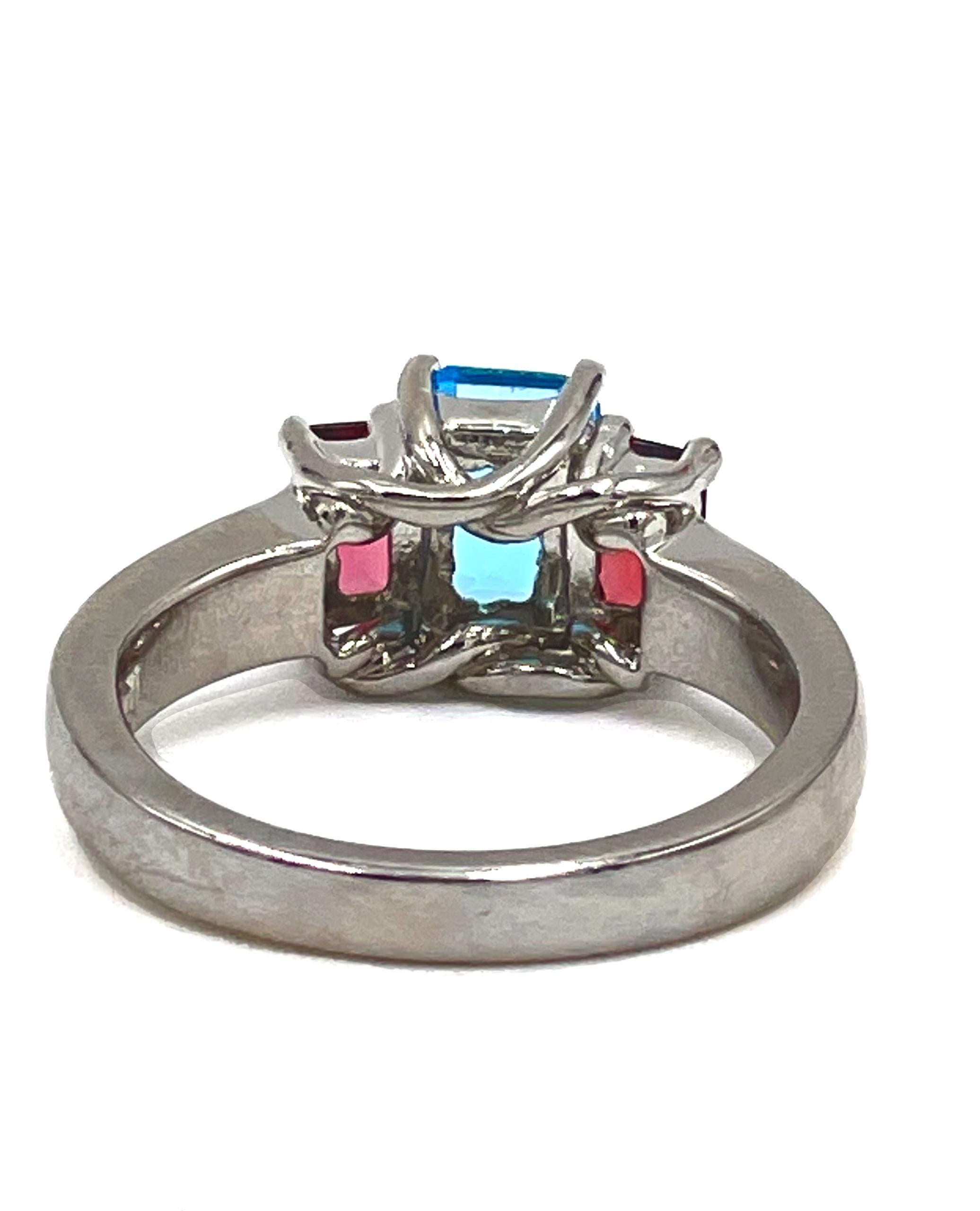 Contemporary Platinum Three Stone Pink Tourmaline and Blue Topaz Ring For Sale