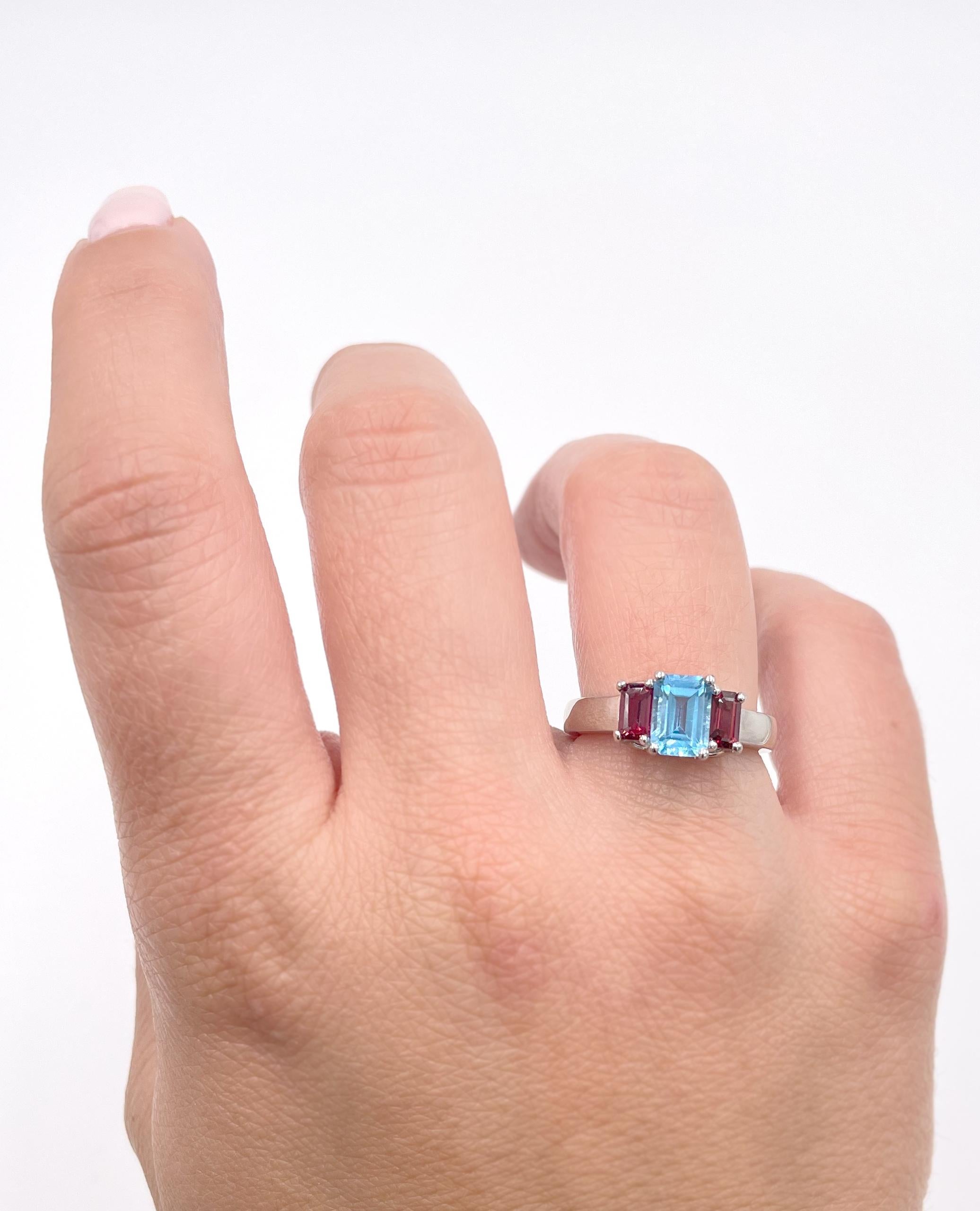 Emerald Cut Platinum Three Stone Pink Tourmaline and Blue Topaz Ring For Sale