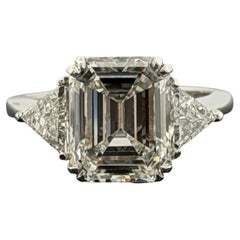 Platinum Three-Stone Ring 4.10ct Emerald Cut Natural Diamond GIA with Trillions