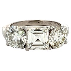 Platinum Three-Stone Ring with 4.44 Carat Round & Asscher Diamonds Size 5.25 GIA