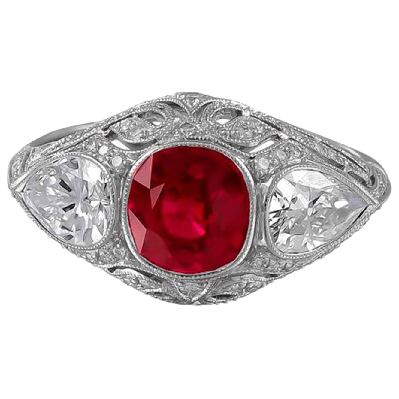 Platinum Three-Stone Ruby and Diamond Ring For Sale