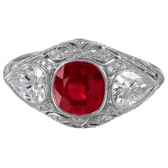 Platinum Three-Stone Ruby and Diamond Ring
