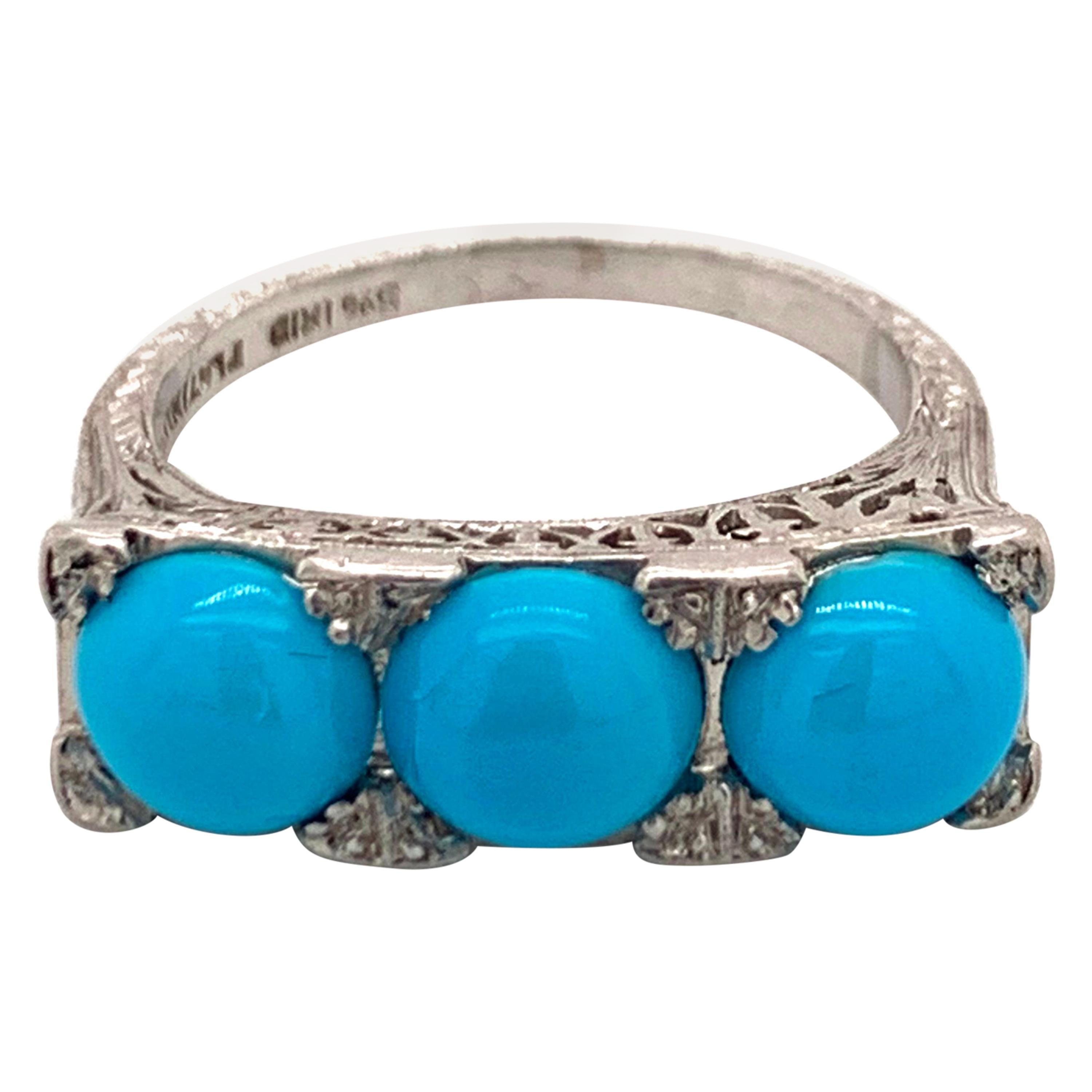 Platinum Three-Stone Turquoise Ring For Sale