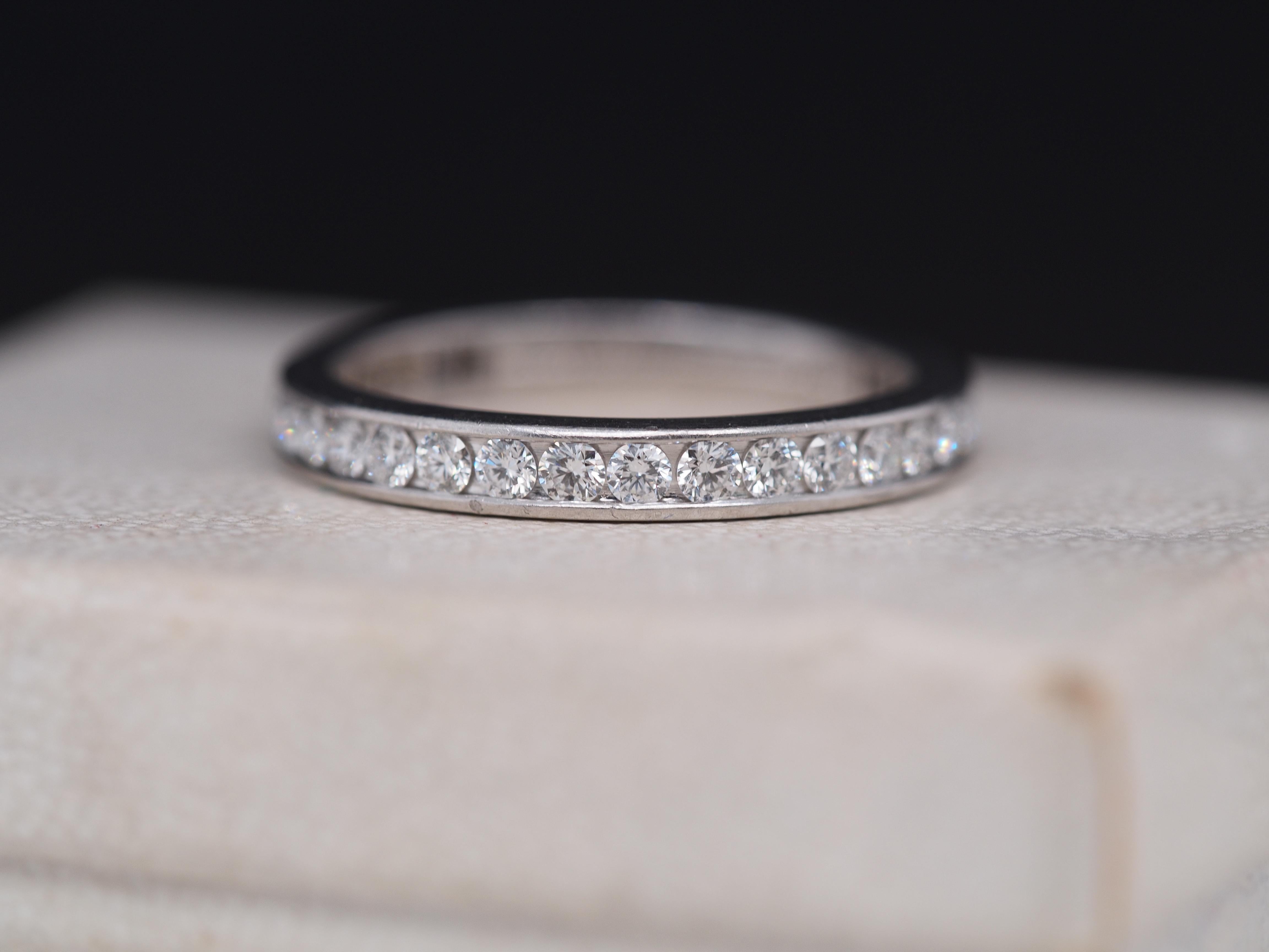 Ring Size: 5
Metal Type: Platinum [Hallmarked, and Tested]
Weight: 3.1 grams
Diamond Details: .75ct, total weight
Band Width: 2.5mm
Condition: Excellent