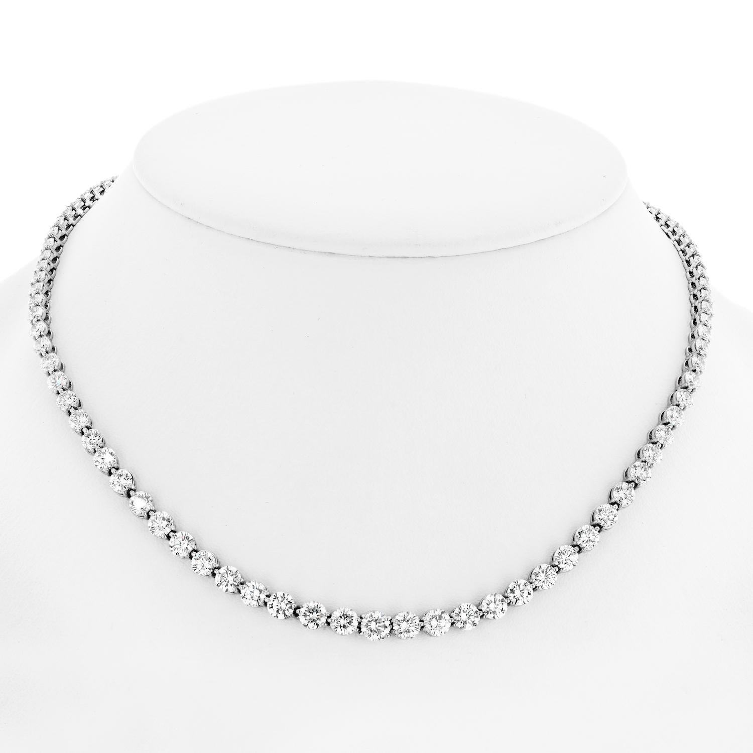 Platinum Tiffany & Co. 21.70cttw Victoria Round Cut Diamond Tennis Necklace.

Inspired by the fire and radiance of our superlative diamonds, Tiffany Victoria uses a unique combination of cuts for a distinctly romantic sensibility. This classic line