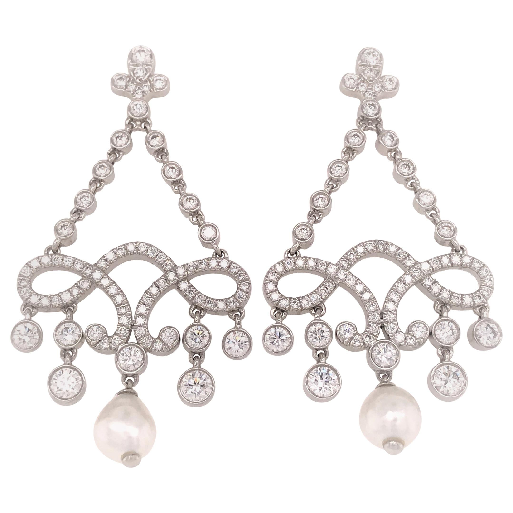 Platinum Tiffany & Co. Diamond and Pearl Drop Earring For Sale