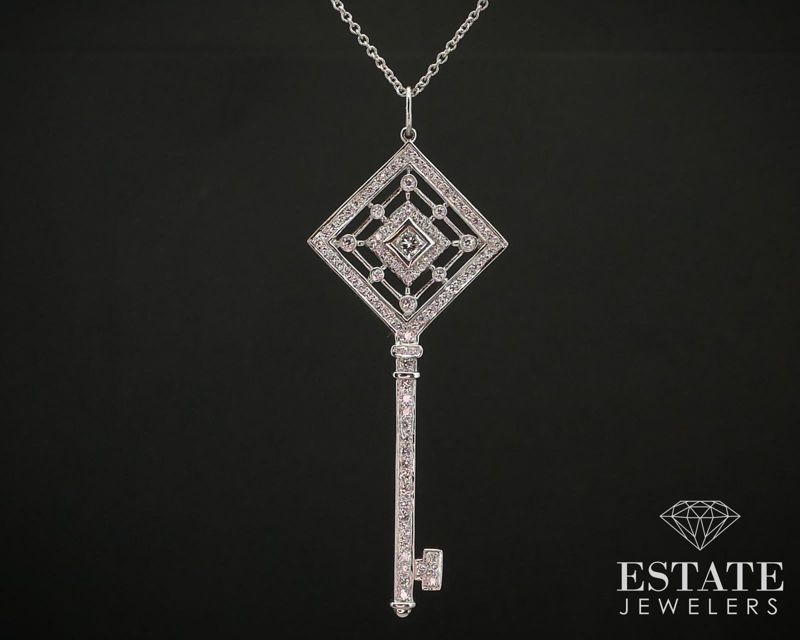 Round Cut Platinum Tiffany & Co. Natural .59ctw Diamond Grace Key Pendant Necklace i15018 For Sale