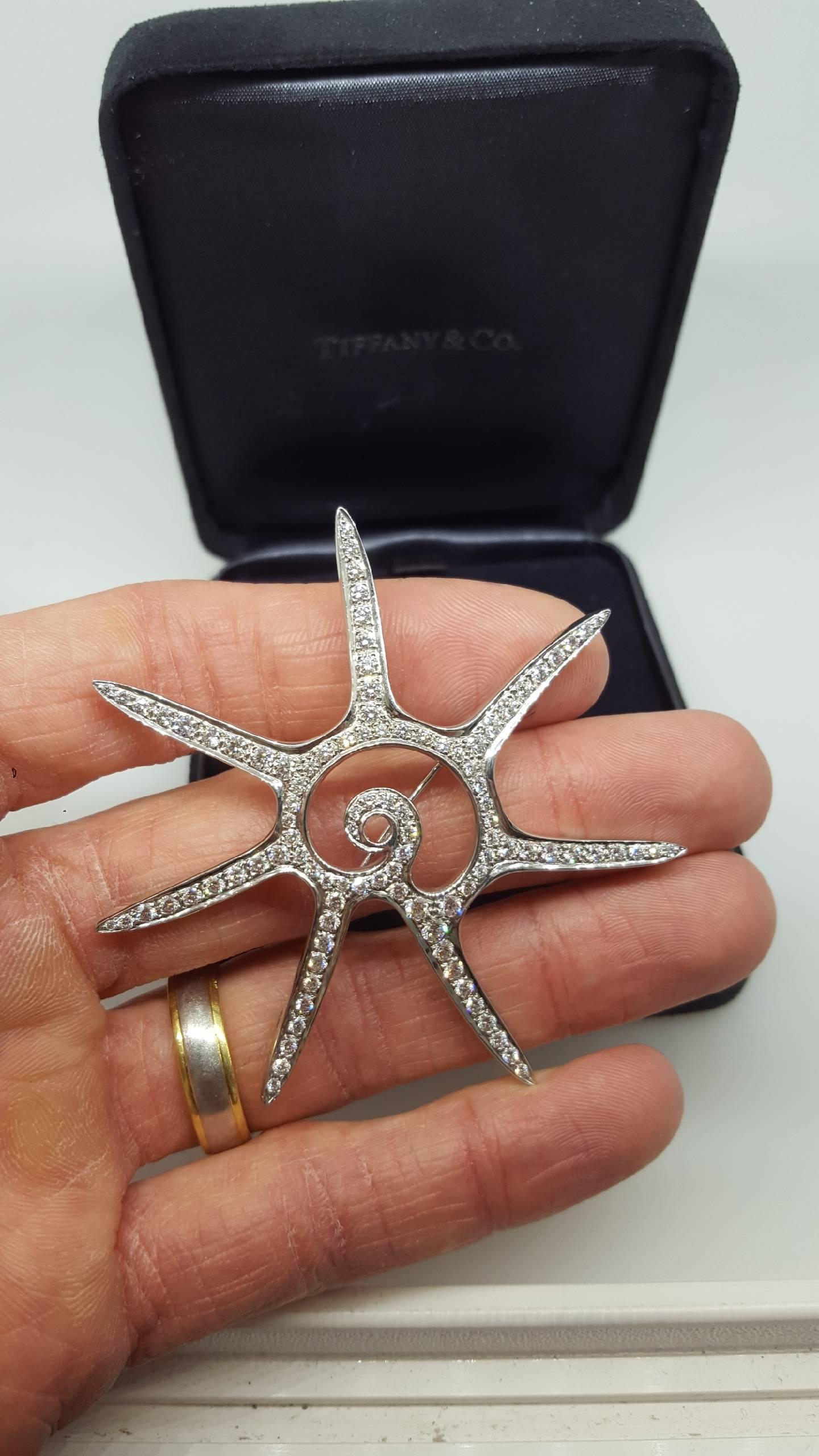 Round Cut Platinum Tiffany Star Brooch For Sale