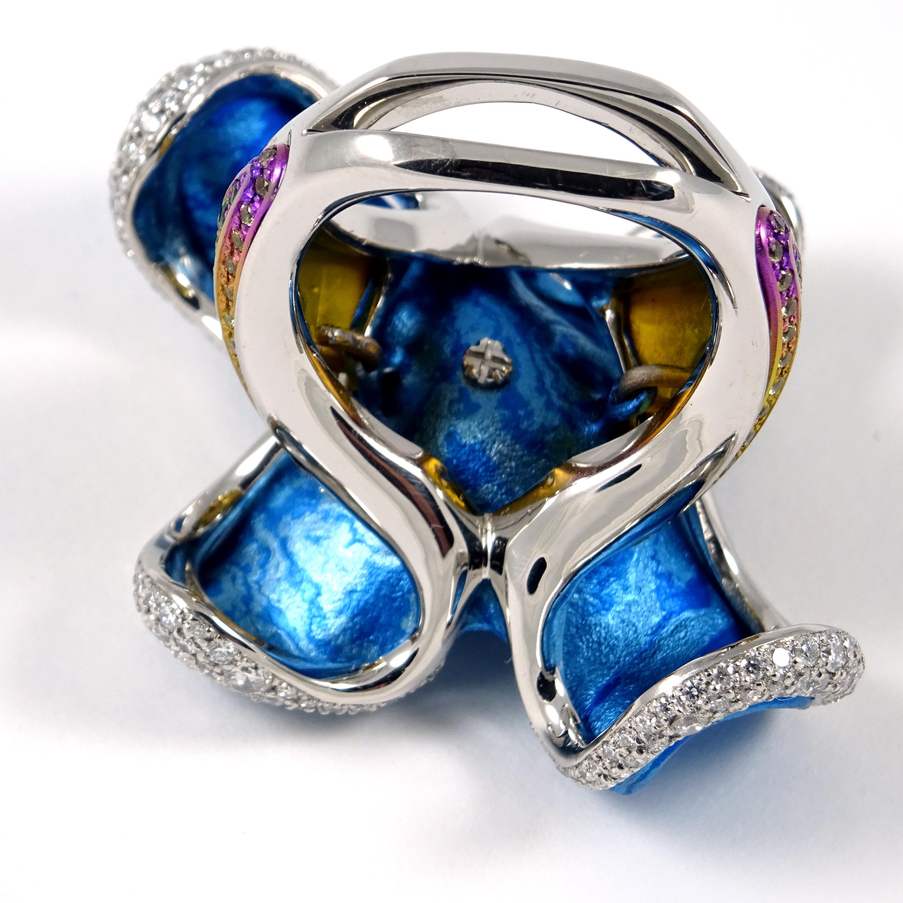 Blue Diamond Diamonds Tsavorites Sapphires Platinum Timascus Titanium Ring  For Sale 4
