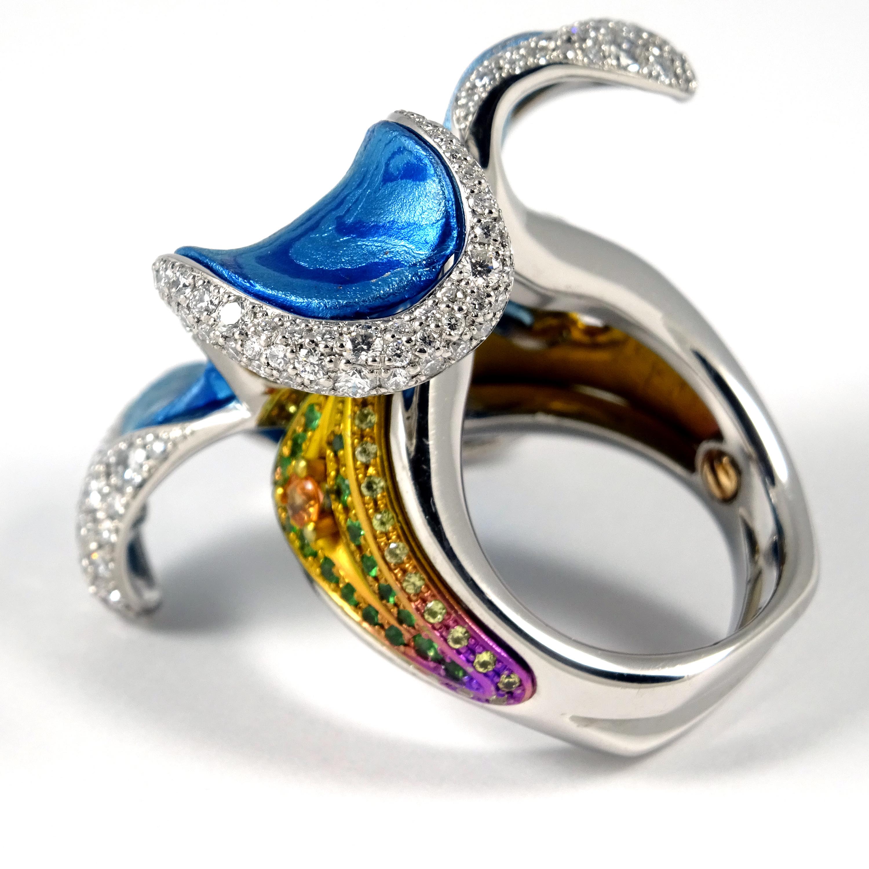 Blue Diamond Diamonds Tsavorites Sapphires Platinum Timascus Titanium Ring  For Sale 5