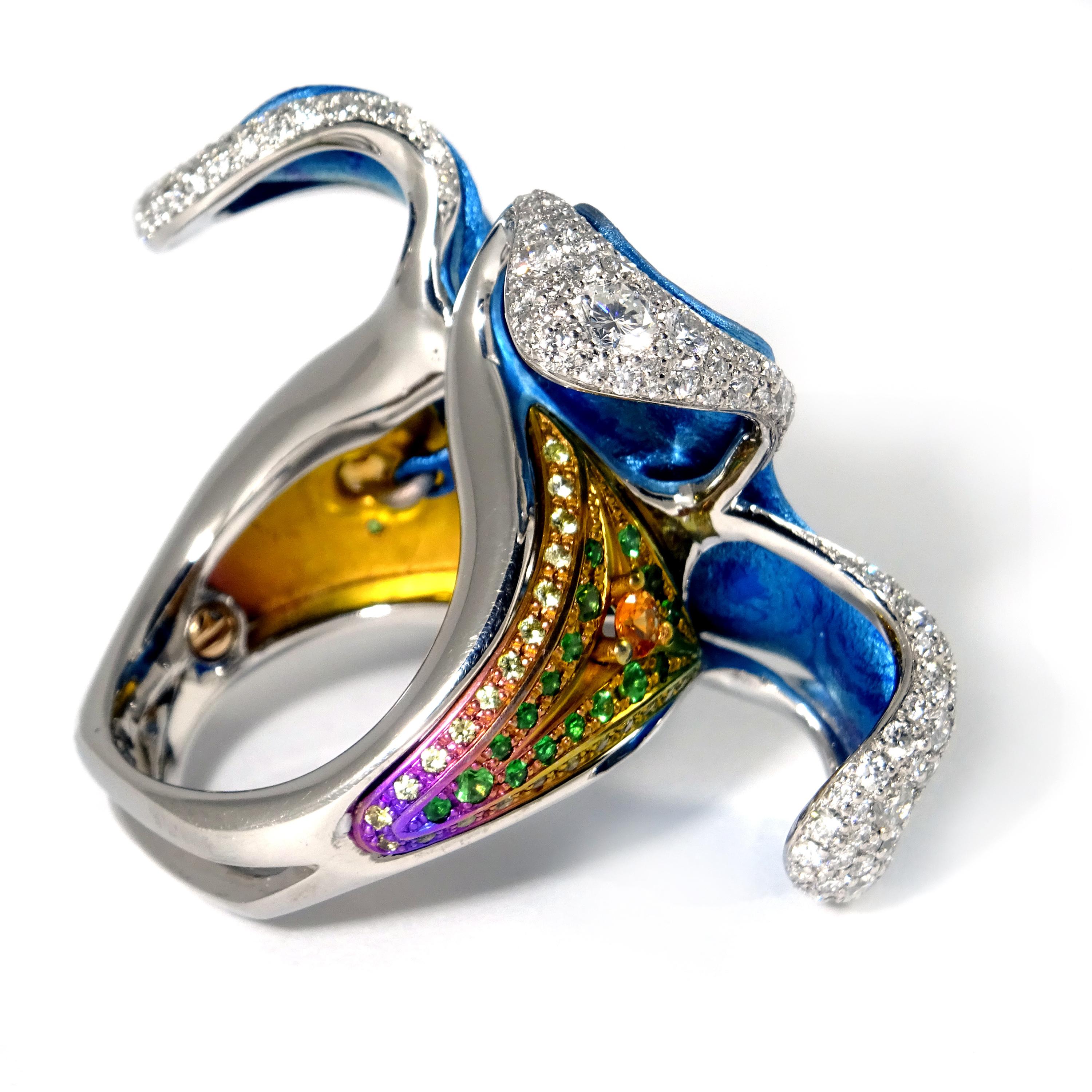 Contemporary Blue Diamond Diamonds Tsavorites Sapphires Platinum Timascus Titanium Ring  For Sale