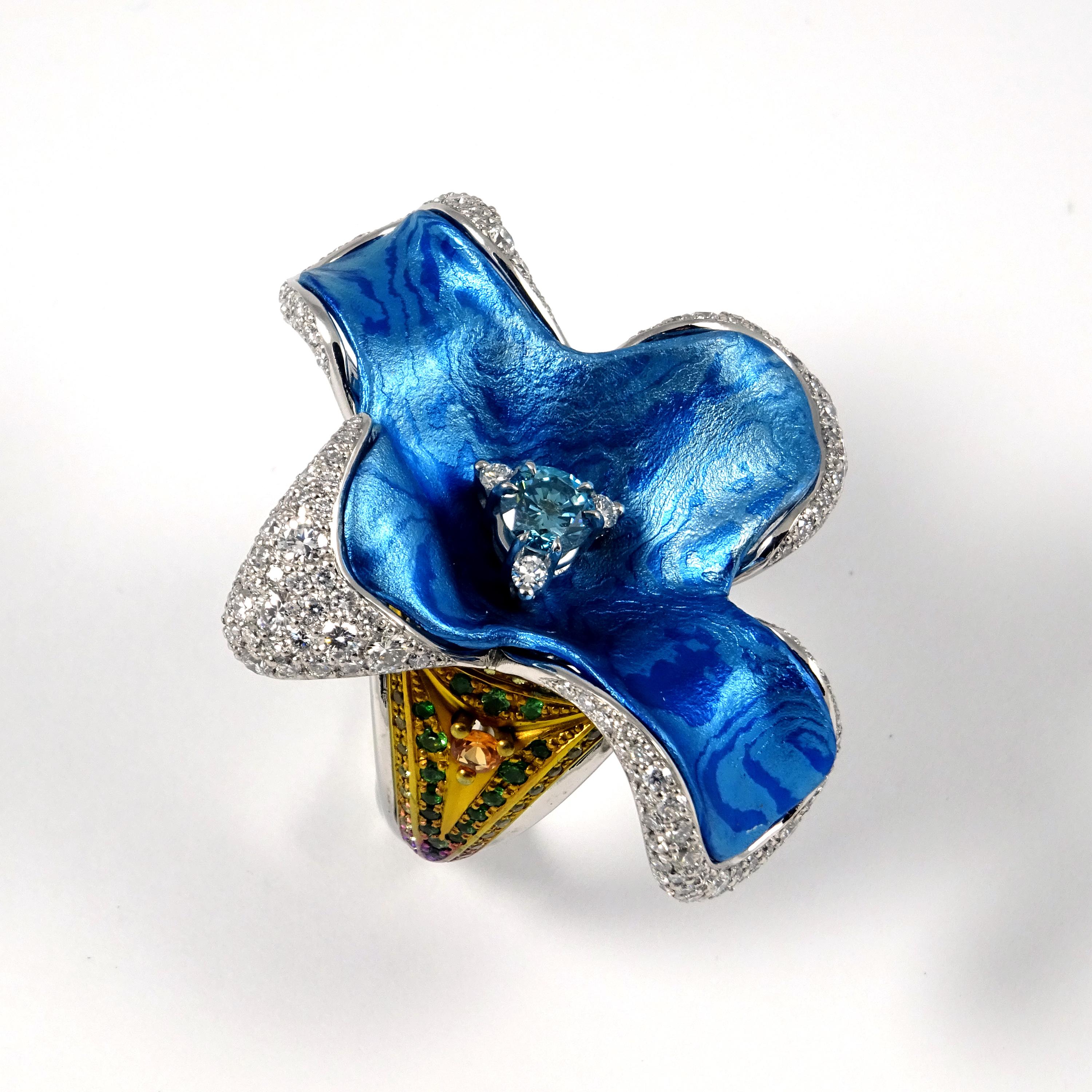 Blue Diamond Diamonds Tsavorites Sapphires Platinum Timascus Titanium Ring  For Sale 2