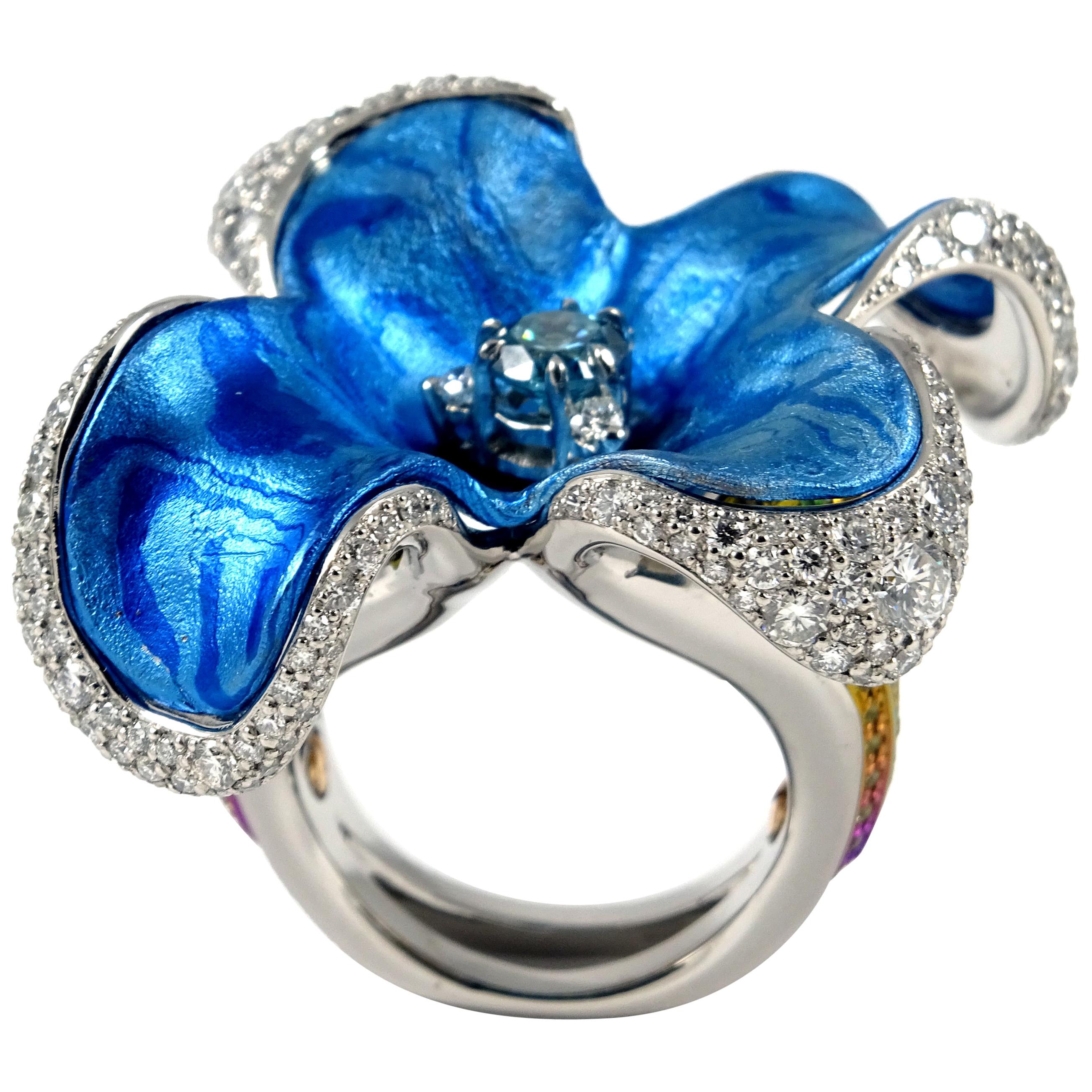 Blue Diamond Diamonds Tsavorites Sapphires Platinum Timascus Titanium Ring  For Sale