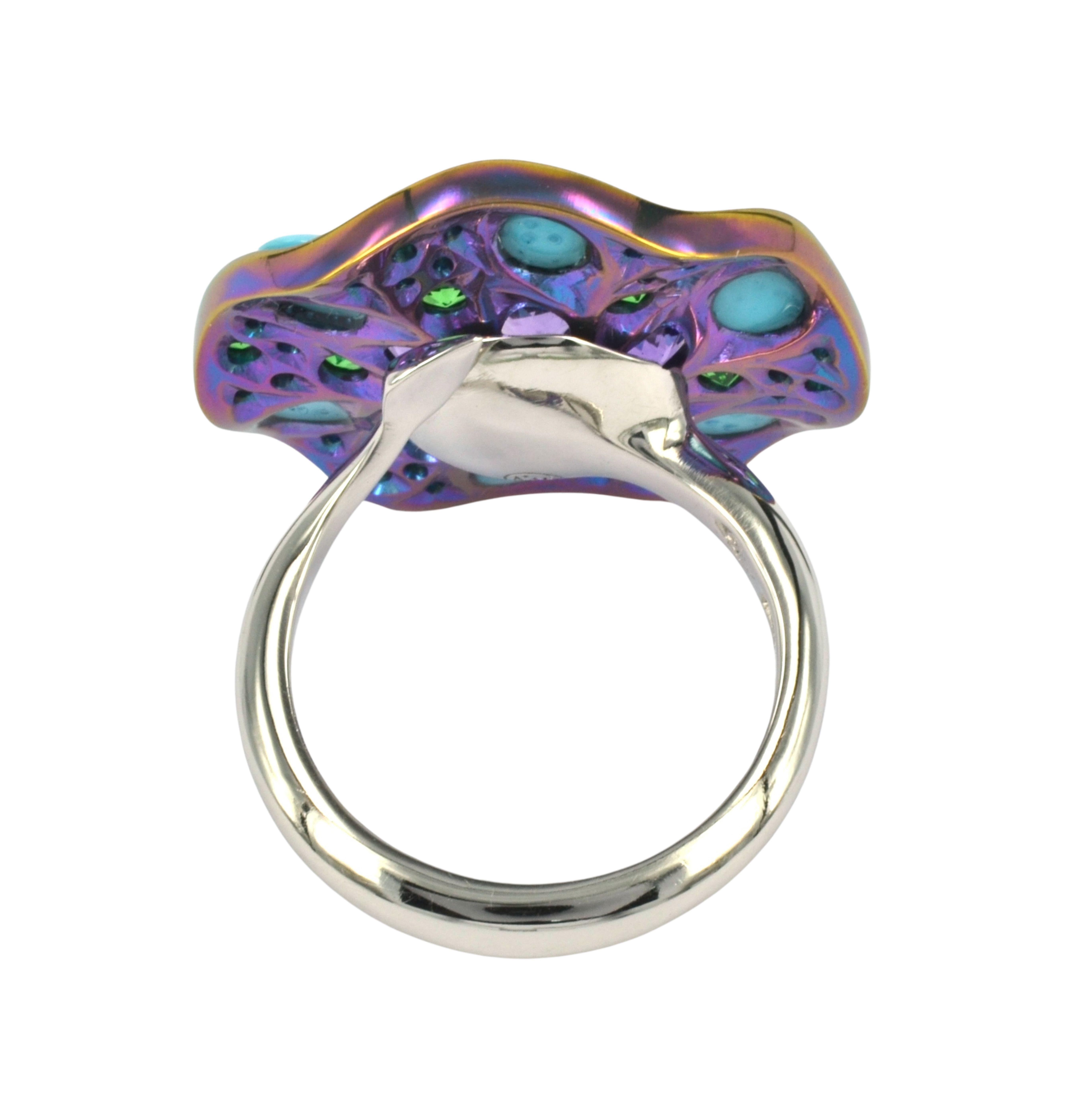 Platinum Titanium Natural Diamonds Amethyst Turquoise Tsavorite  Ring For Sale 3